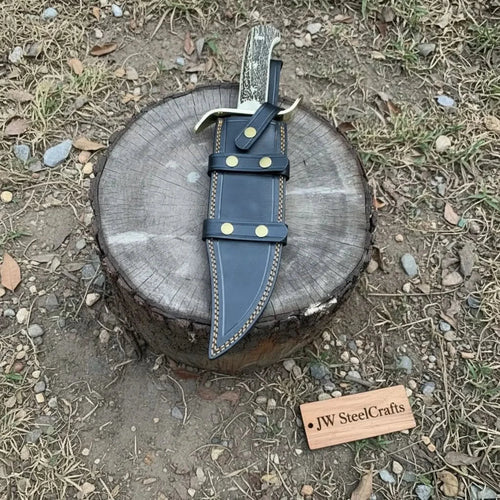 16-Inch Damascus Bowie Knife — 11-Inch Blade, Stag Handle, Brass S-Guard & Leather Belt Sheath