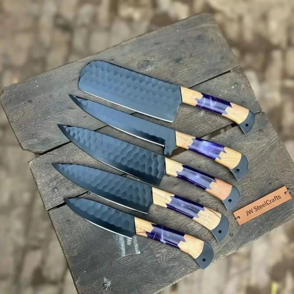 5-Piece Chef Knife Set with Hammered Black Blades, Purple Resin & Olive Wood Handles