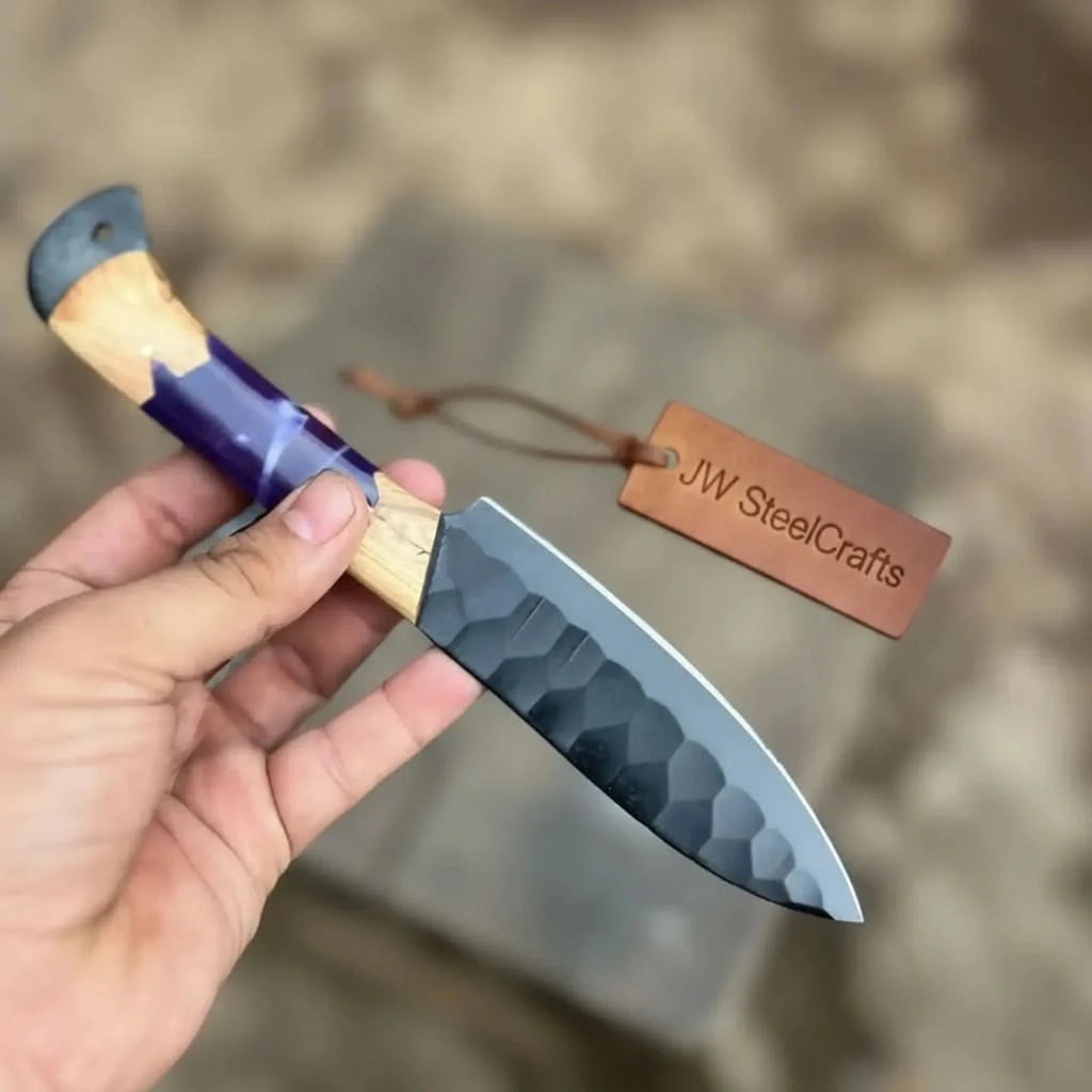 5-Piece Chef Knife Set with Hammered Black Blades, Purple Resin & Olive Wood Handles