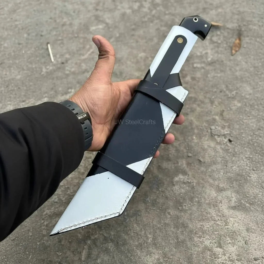Damascus Steel Tracker Knife with Dual-Tone Bone & Black Handle | Handmade Leather Sheath