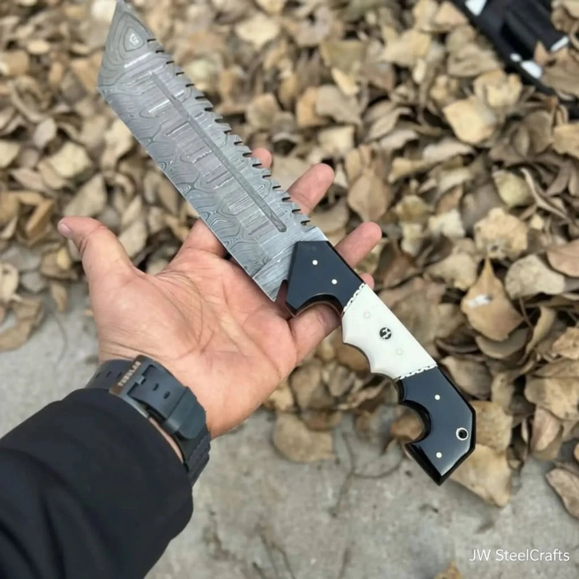 Damascus Steel Tracker Knife with Dual-Tone Bone & Black Handle | Handmade Leather Sheath