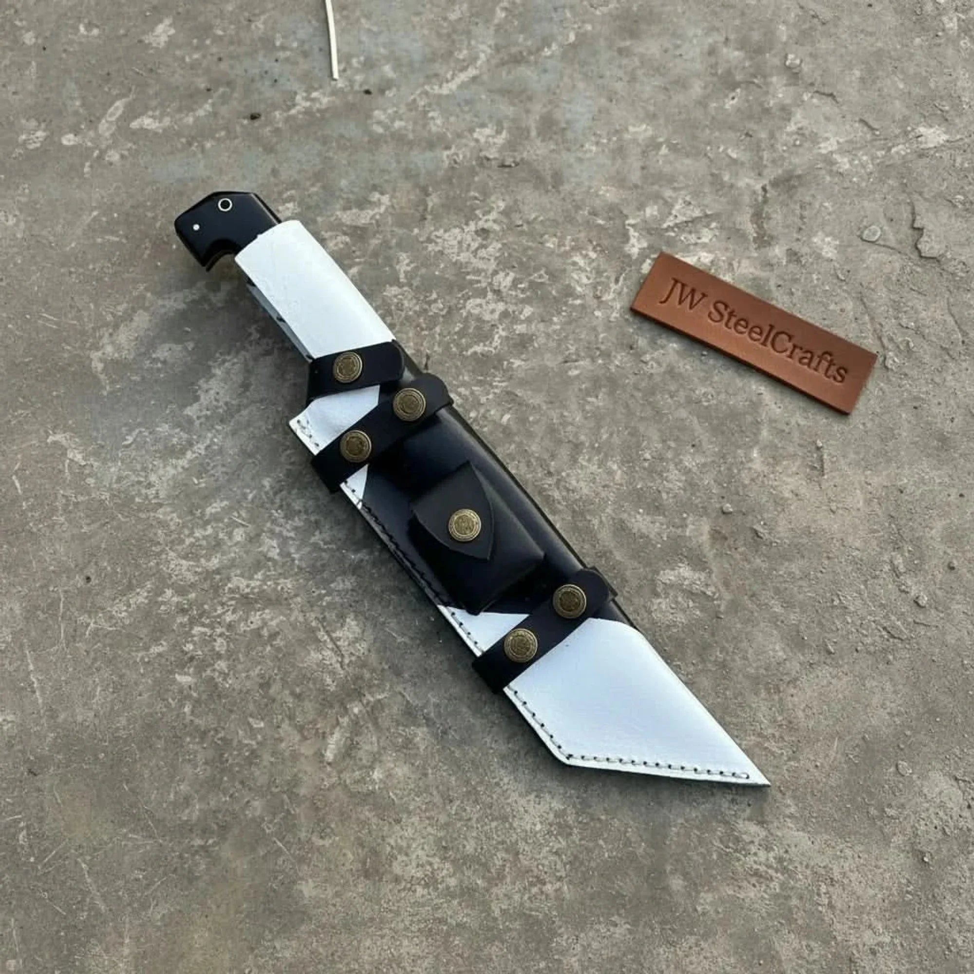 Damascus Steel Tracker Knife with Dual-Tone Bone & Black Handle | Handmade Leather Sheath