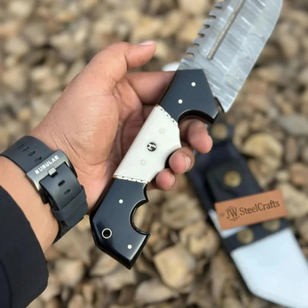 Damascus Steel Tracker Knife with Dual-Tone Bone & Black Handle | Handmade Leather Sheath