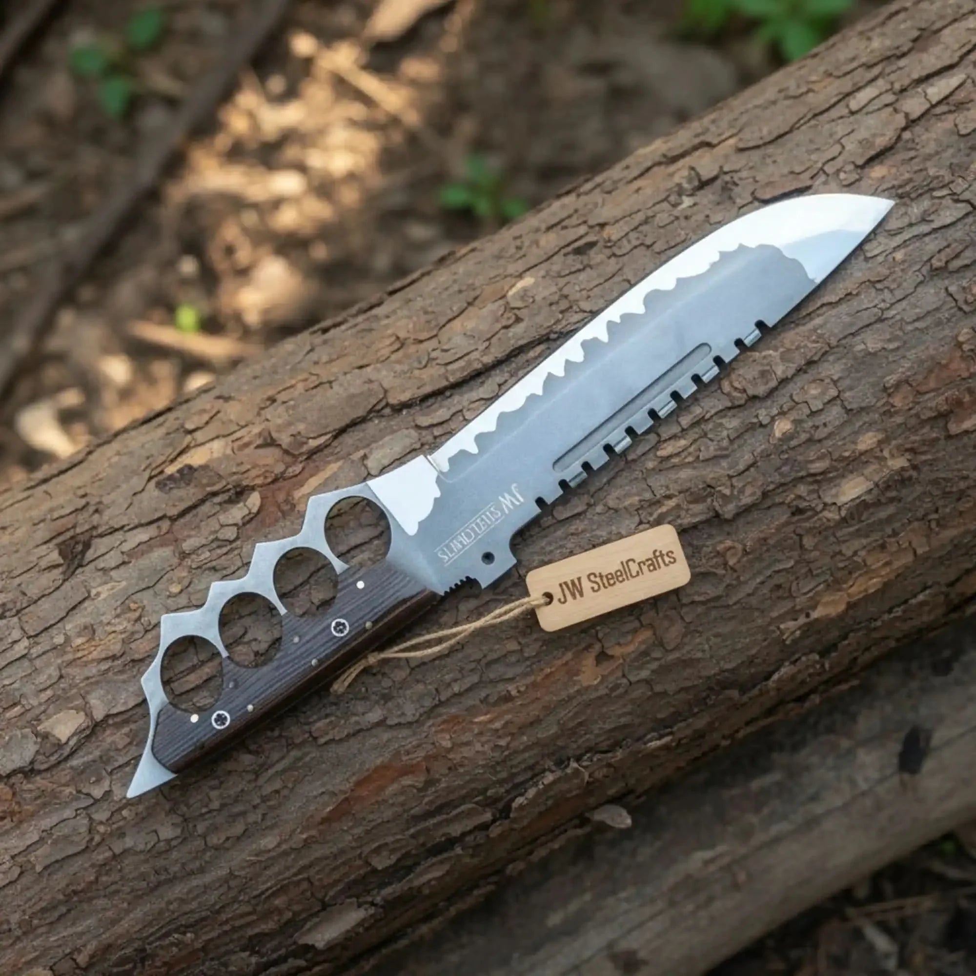 14-Inch High Carbon Steel Combat Knife — Acid Etched Tanto Blade, Knuckle Duster Guard & Wenge Wood Handle
