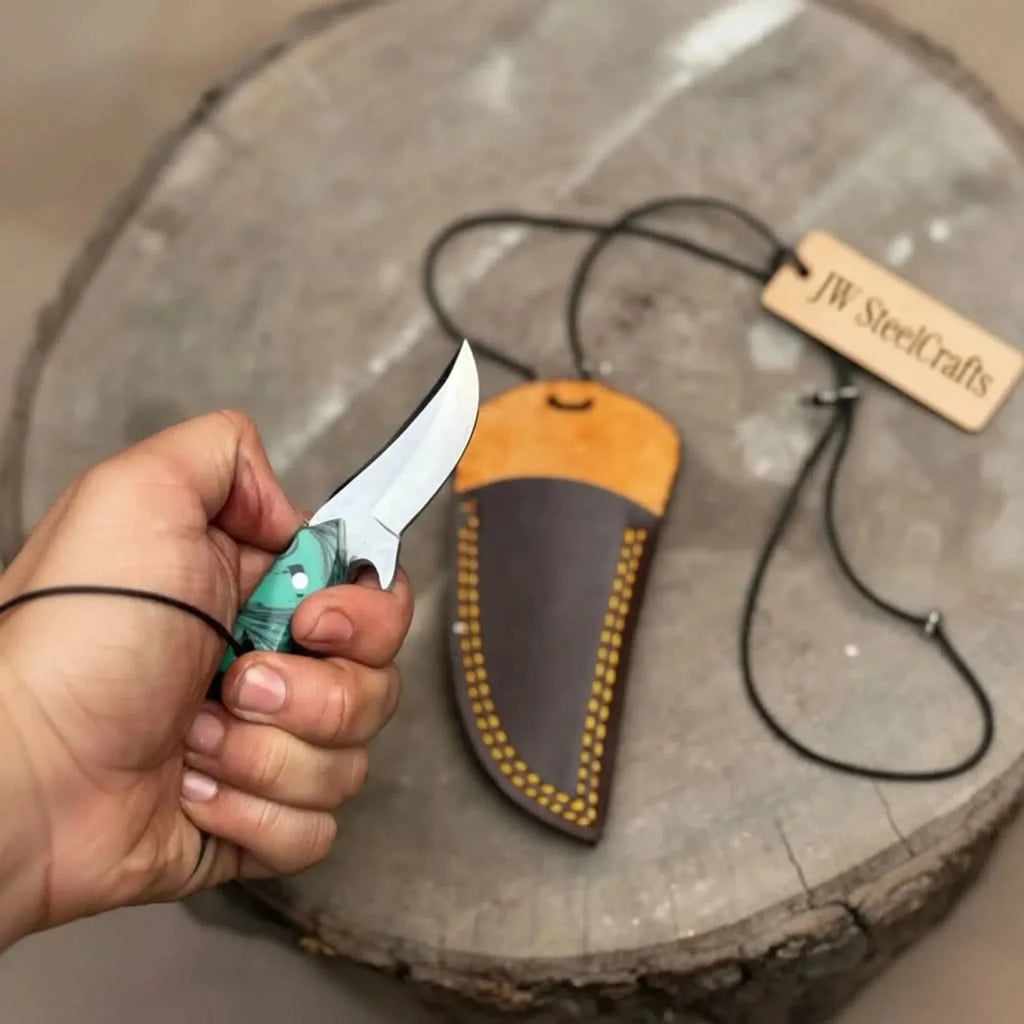 Neck Knife with Leather Sheath – Mini Damascus Pattern Blade | Green Resin Handle | JW SteelCrafts