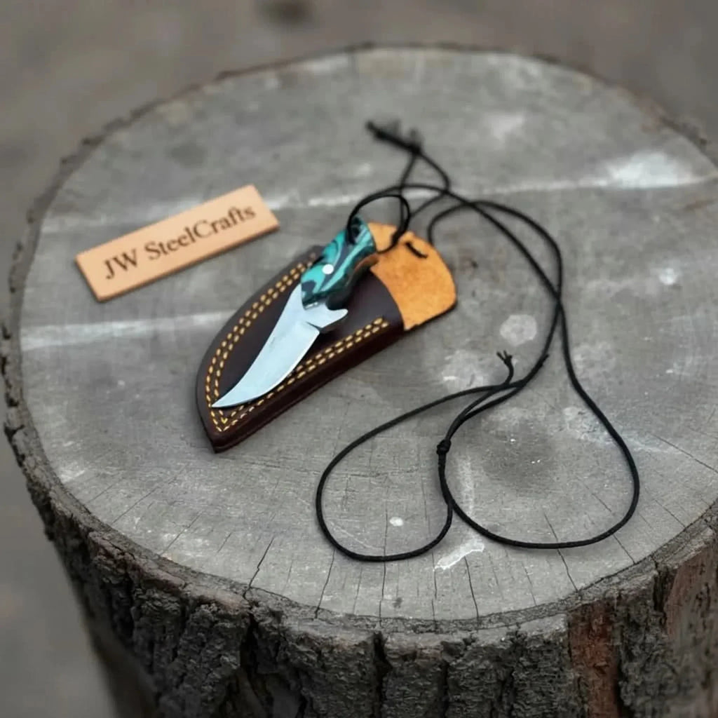 Neck Knife with Leather Sheath – Mini Damascus Pattern Blade | Green Resin Handle | JW SteelCrafts