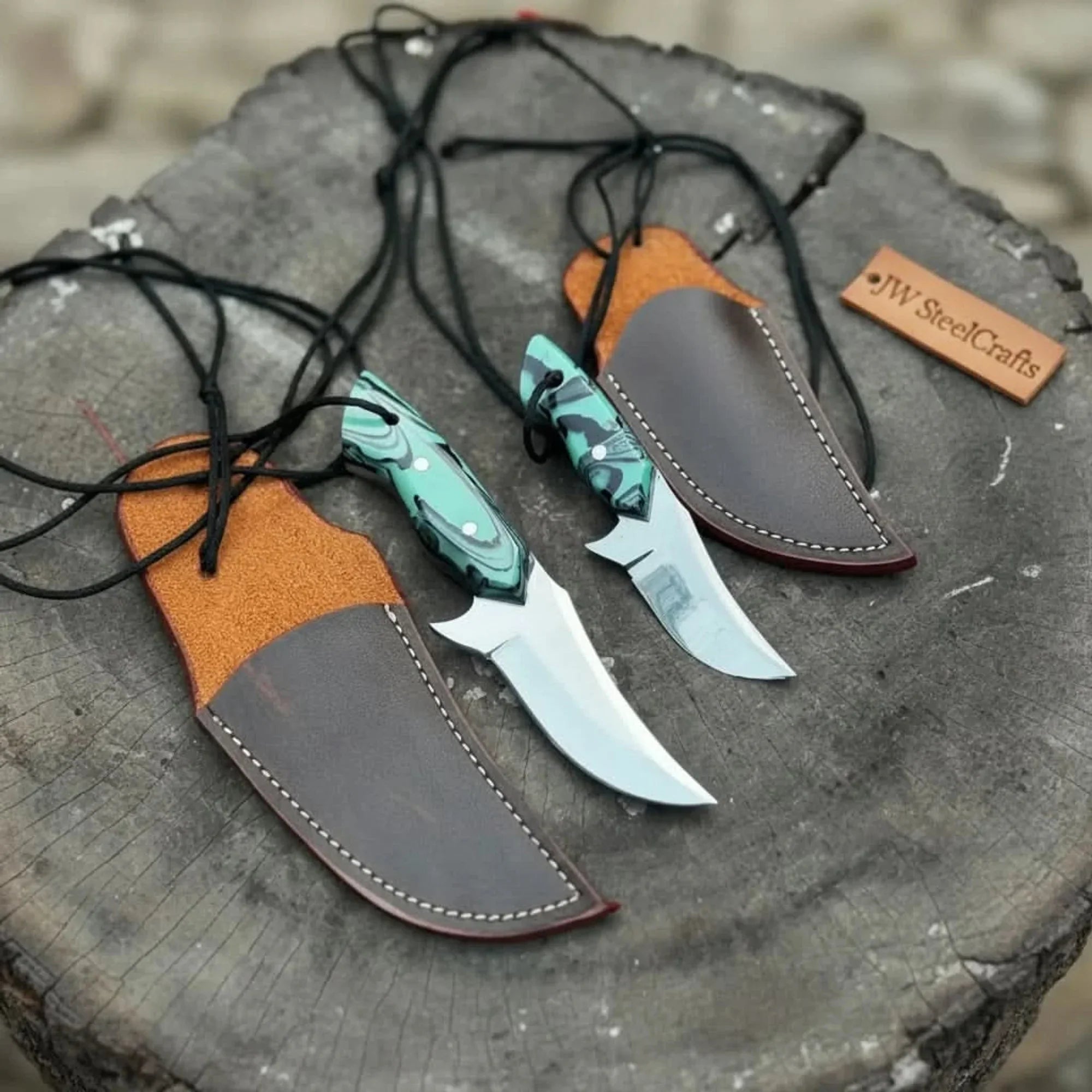 Neck Knife with Leather Sheath – Mini Damascus Pattern Blade | Green Resin Handle | JW SteelCrafts
