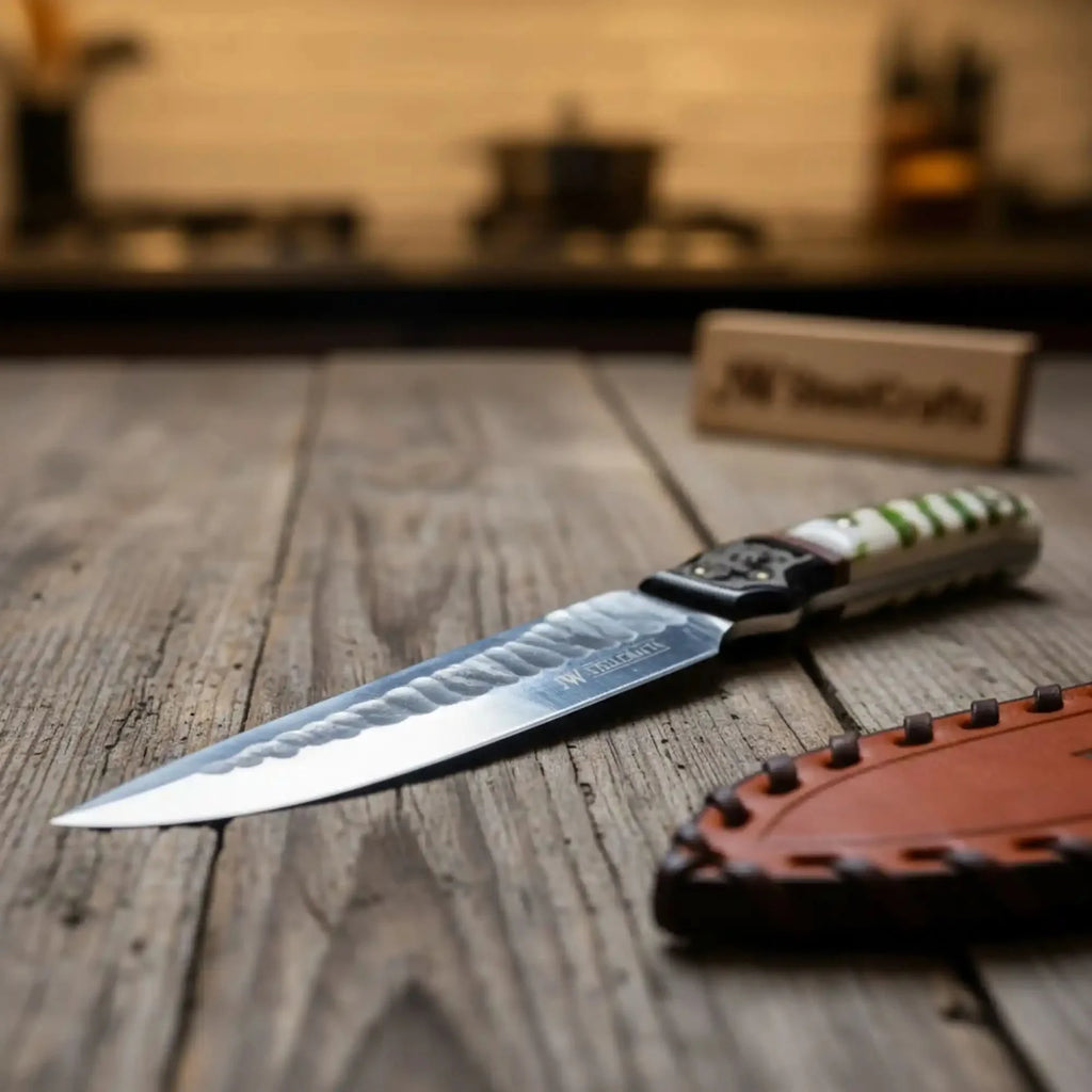 10-Inch Hammered Spear Point Survival Knife — Ram Horn Black Resin Handle, Tiger Engraved Copper Bolster & Leather Sheath