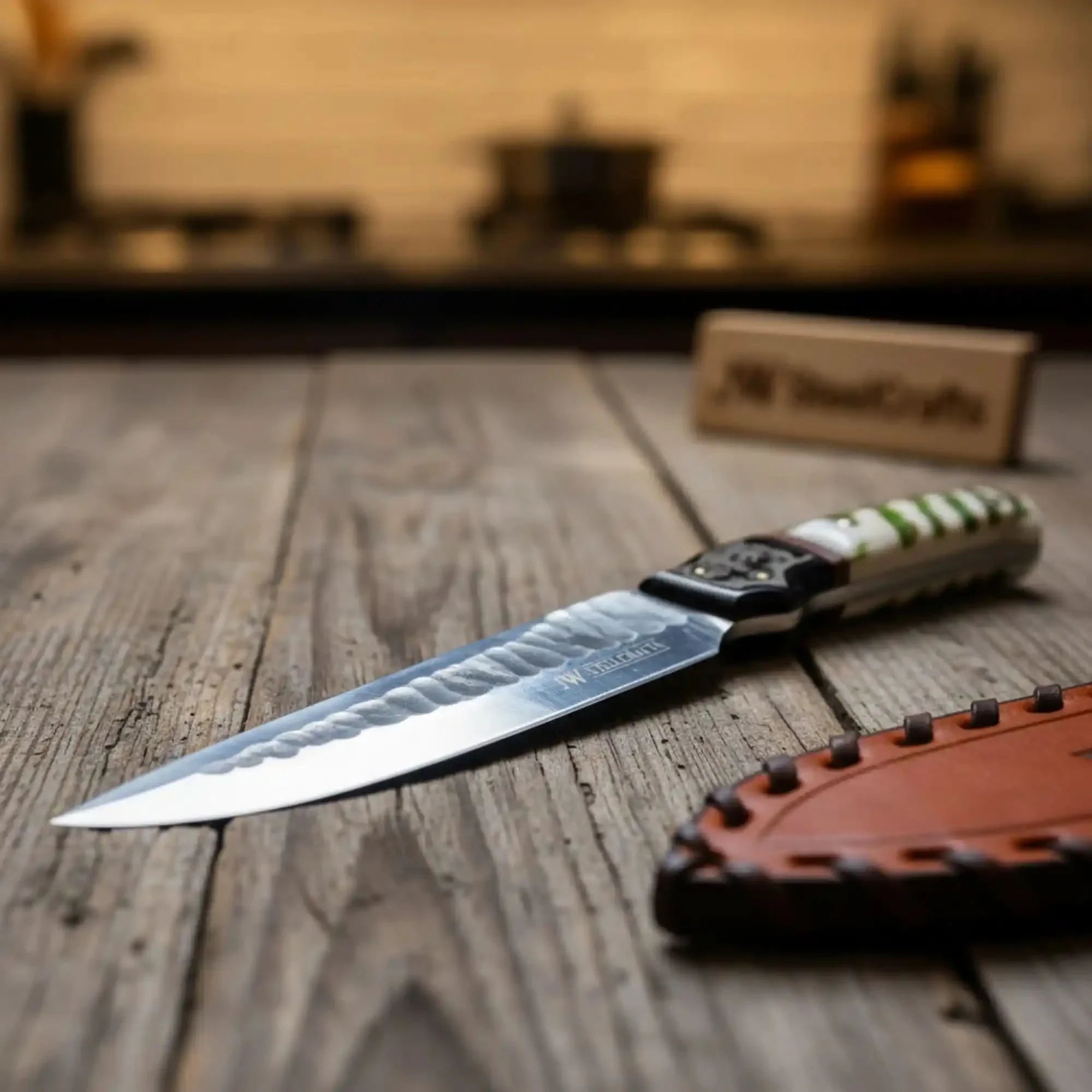 10-Inch Hammered Spear Point Survival Knife — Ram Horn Black Resin Handle, Tiger Engraved Copper Bolster & Leather Sheath