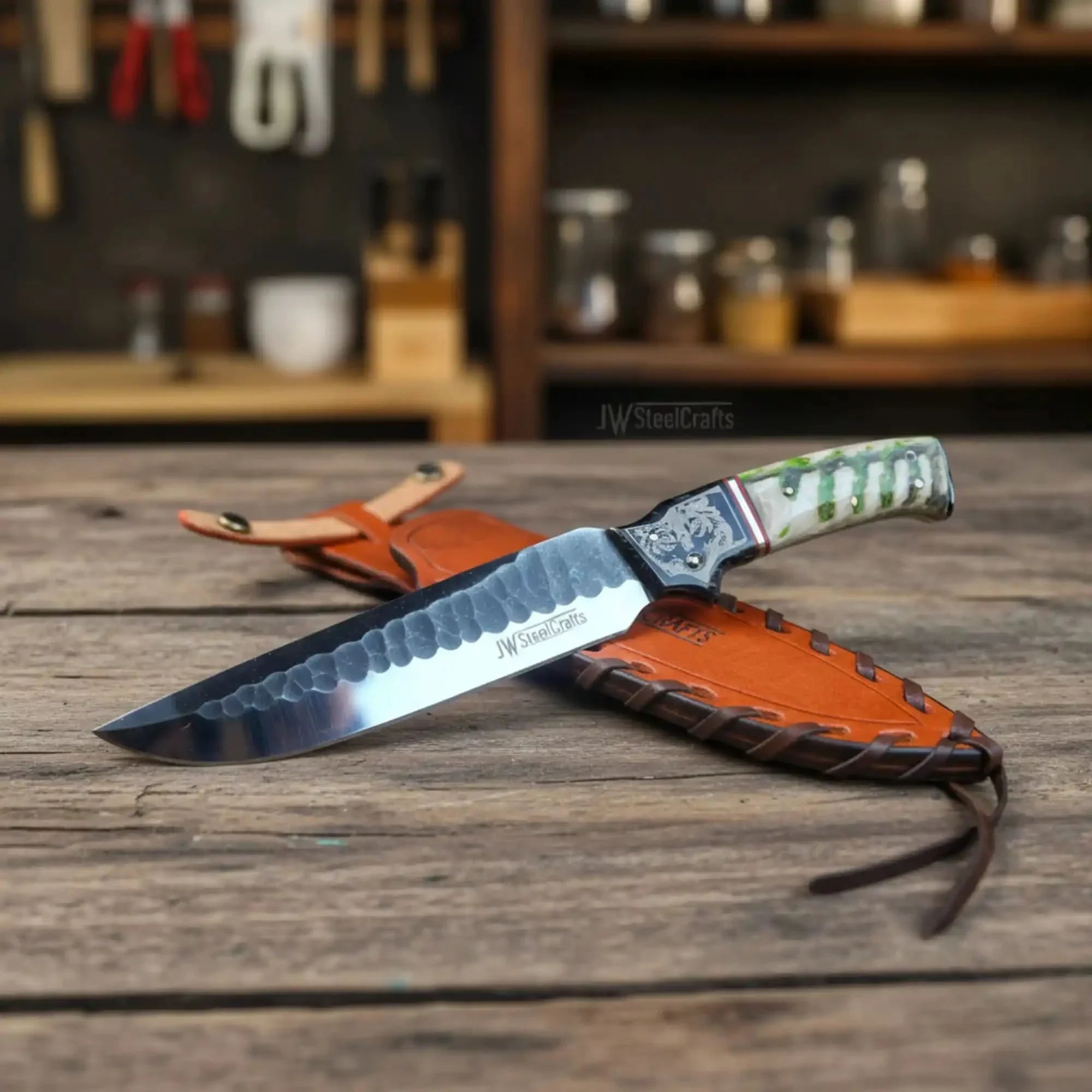 10-Inch Hammered Spear Point Survival Knife — Ram Horn Black Resin Handle, Tiger Engraved Copper Bolster & Leather Sheath