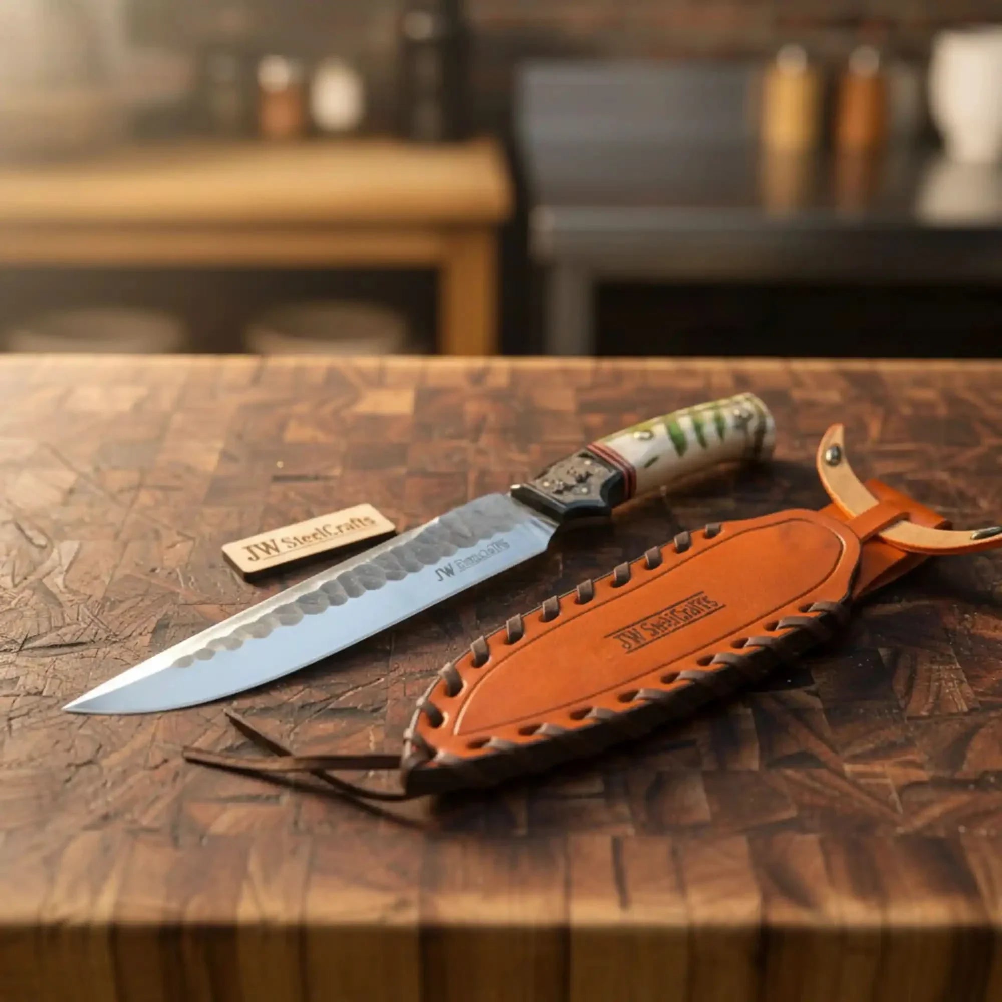 10-Inch Hammered Spear Point Survival Knife — Ram Horn Black Resin Handle, Tiger Engraved Copper Bolster & Leather Sheath