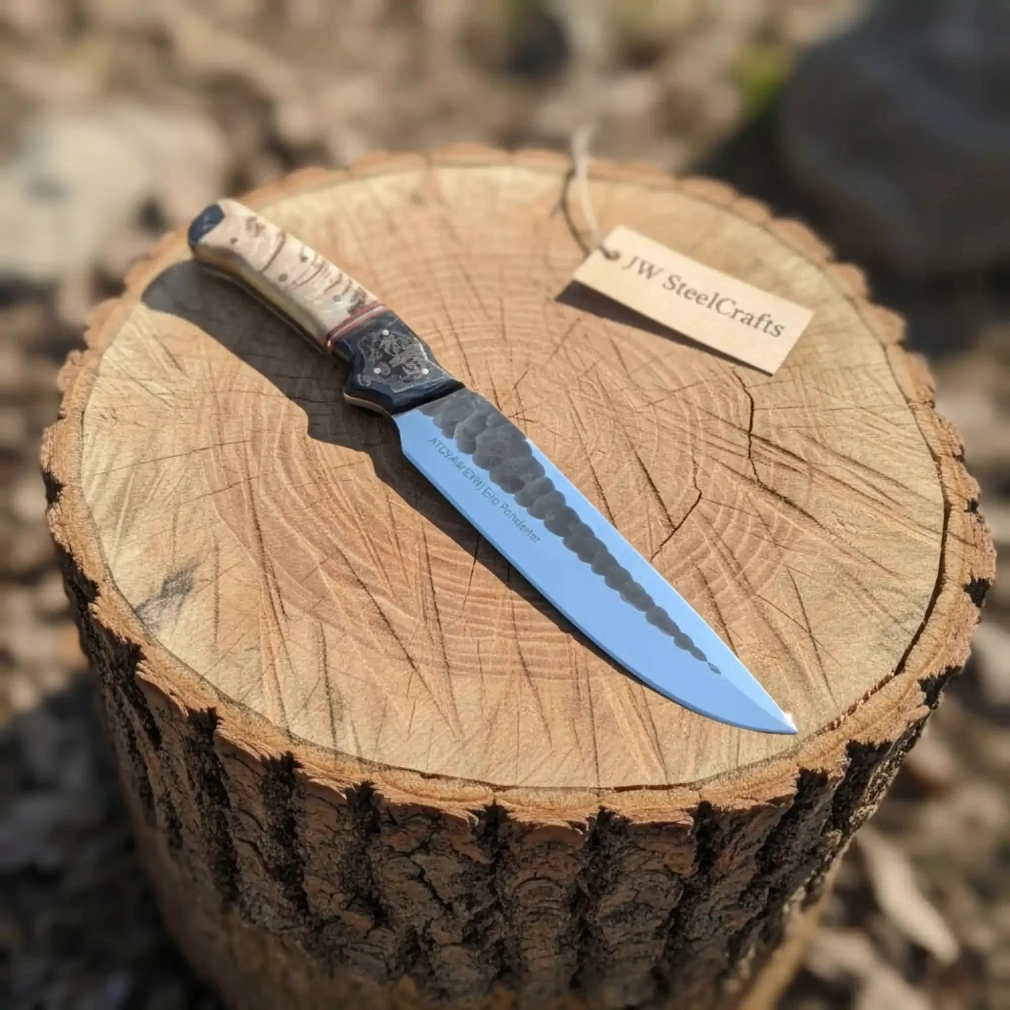 High Carbon Steel Fixed Blade Knife — Hammered Drop Point Blade, Ram Horn & Black Resin Handle