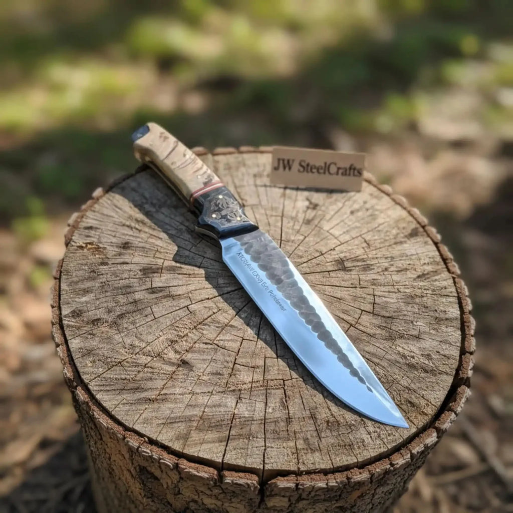 High Carbon Steel Fixed Blade Knife — Hammered Drop Point Blade, Ram Horn & Black Resin Handle