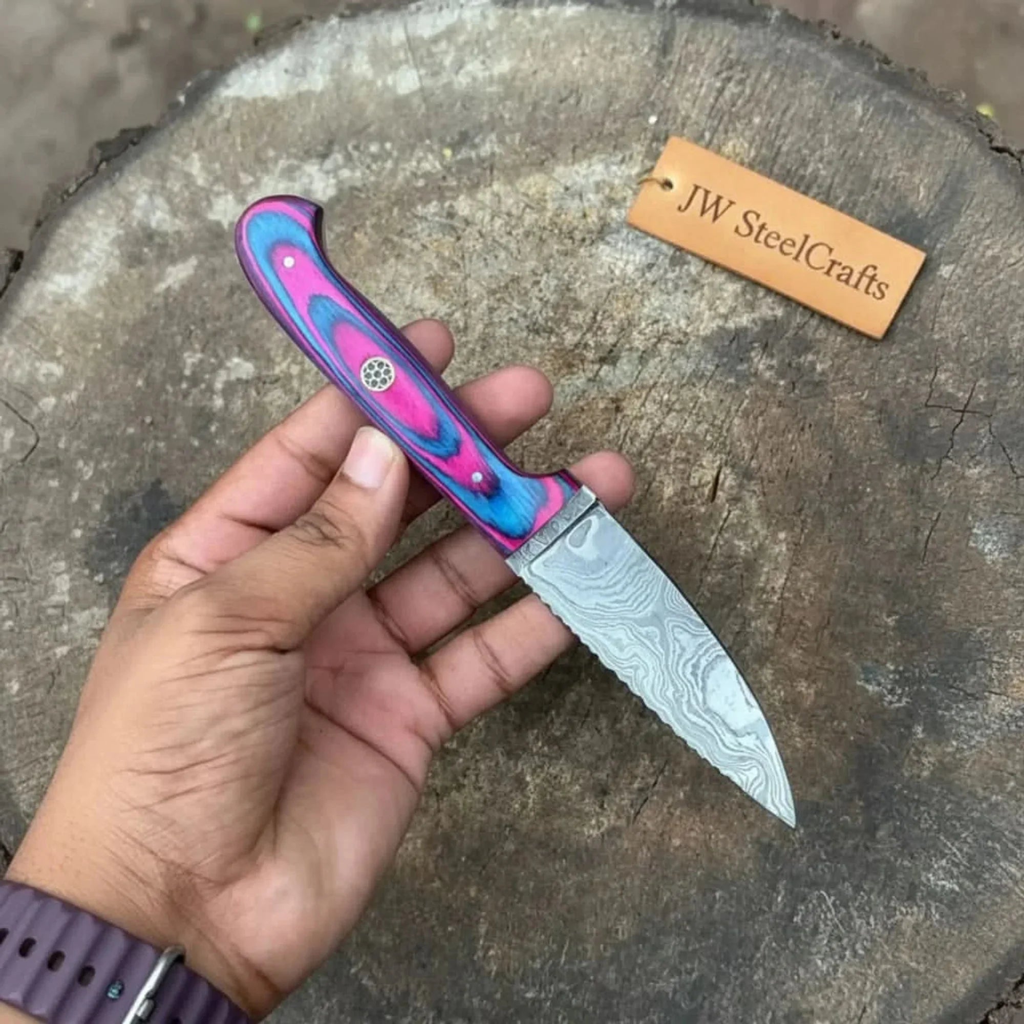 Damascus Steel Fixed Blade Knife Pink & Blue Pakka Wood Handle | JW SteelCrafts