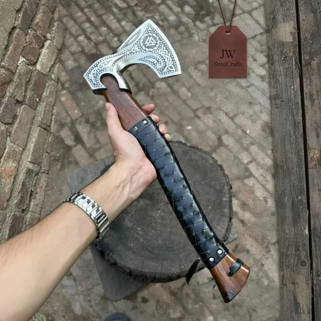 Viking Axe with Leather Wrapped Handle & Engraved Head – JW SteelCrafts