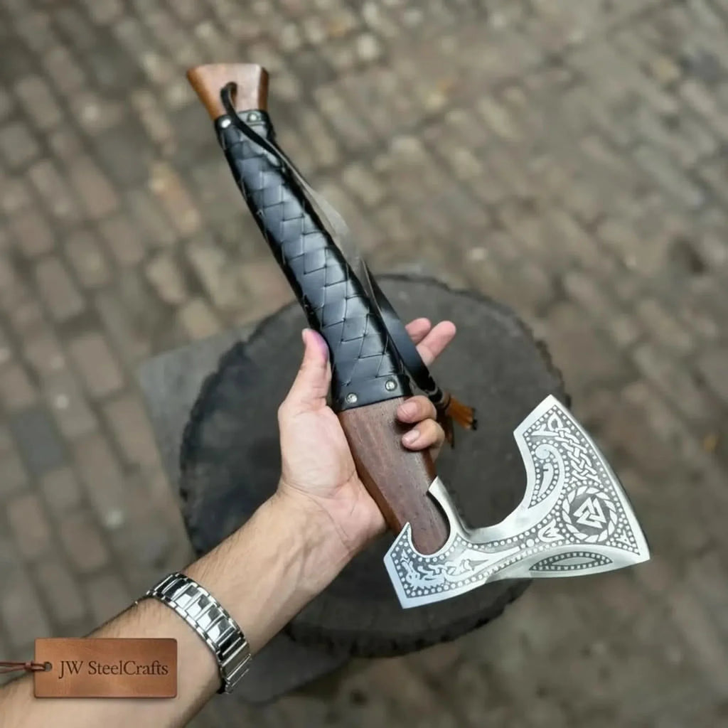 Viking Axe with Leather Wrapped Handle & Engraved Head – JW SteelCrafts