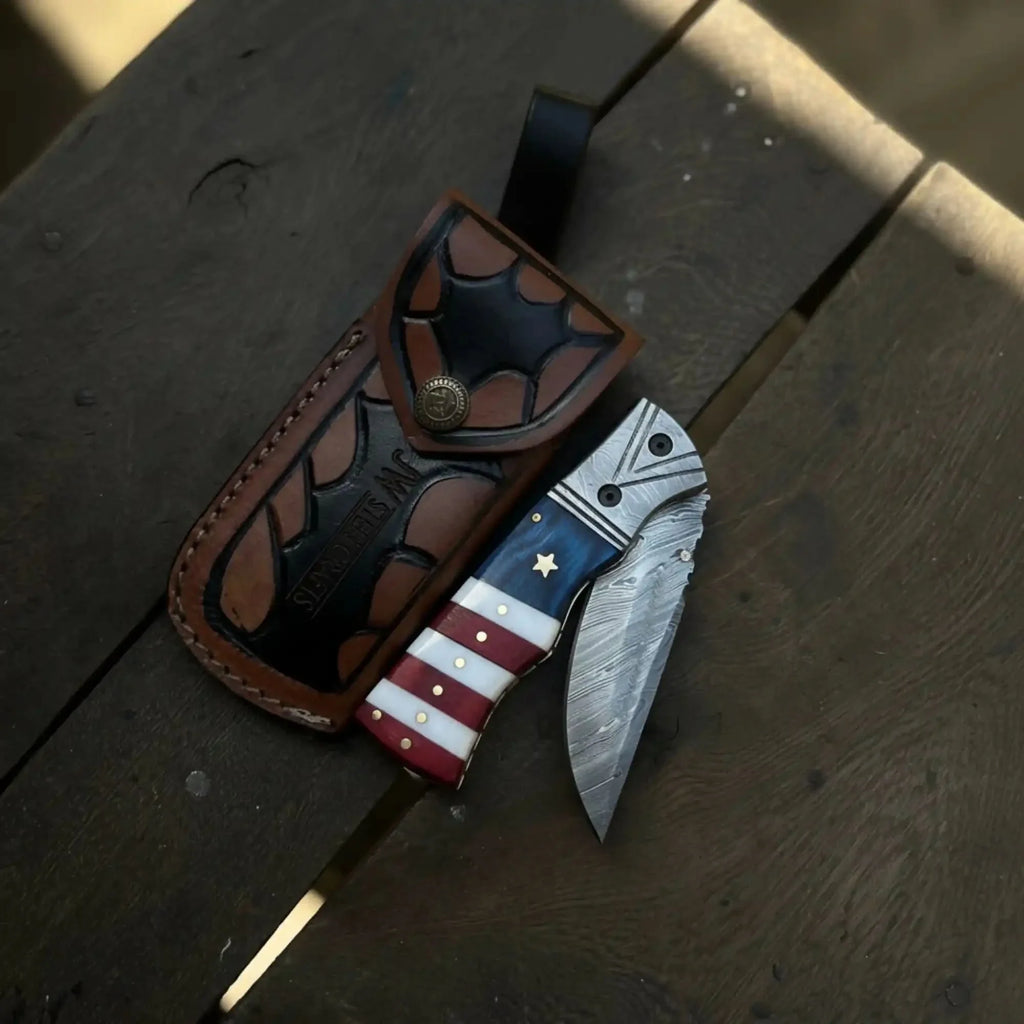 American Flag Damascus Folding Knife with Resin Handle