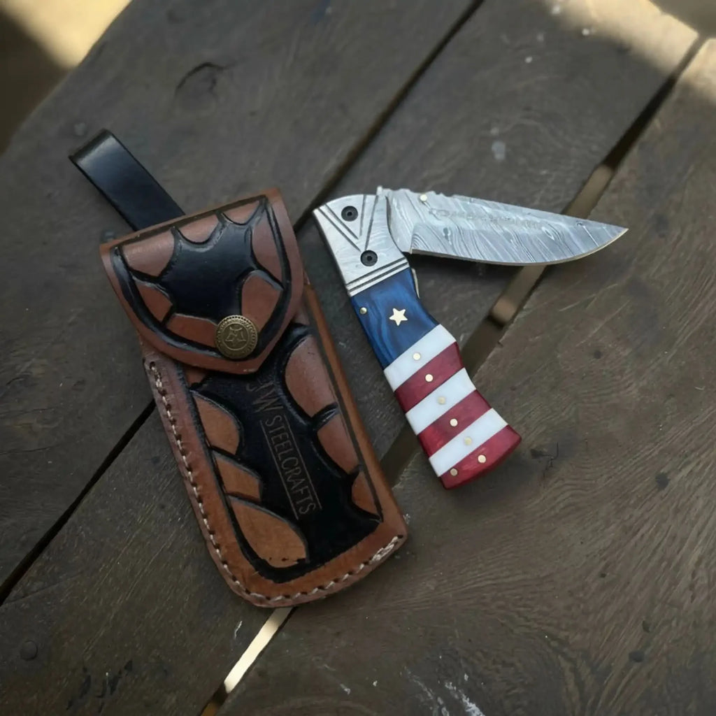 American Flag Damascus Folding Knife with Resin Handle