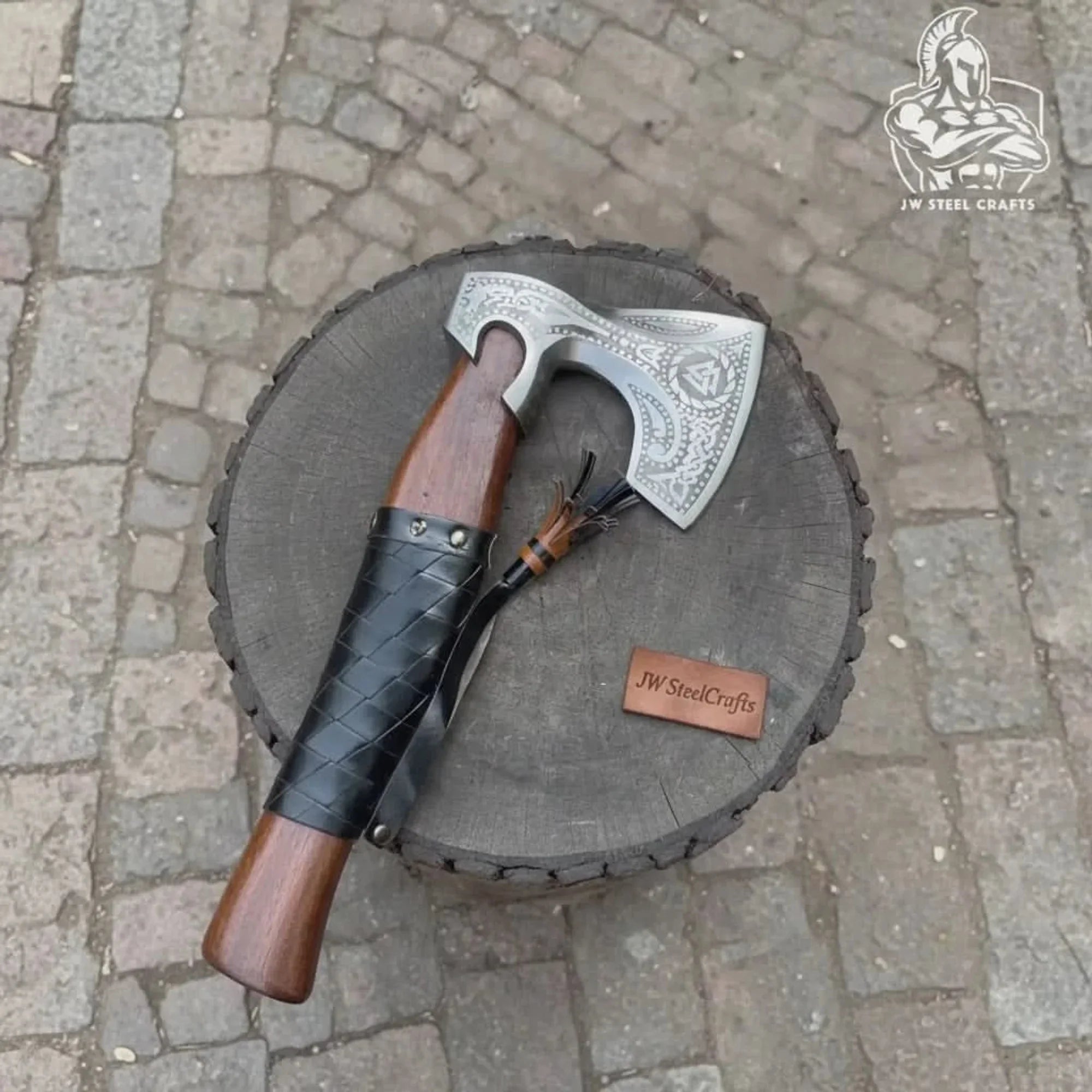 Viking Axe with Leather Wrapped Handle & Engraved Head – JW SteelCrafts