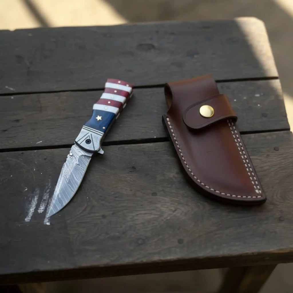 American Flag Damascus Folding Knife with Resin Handle
