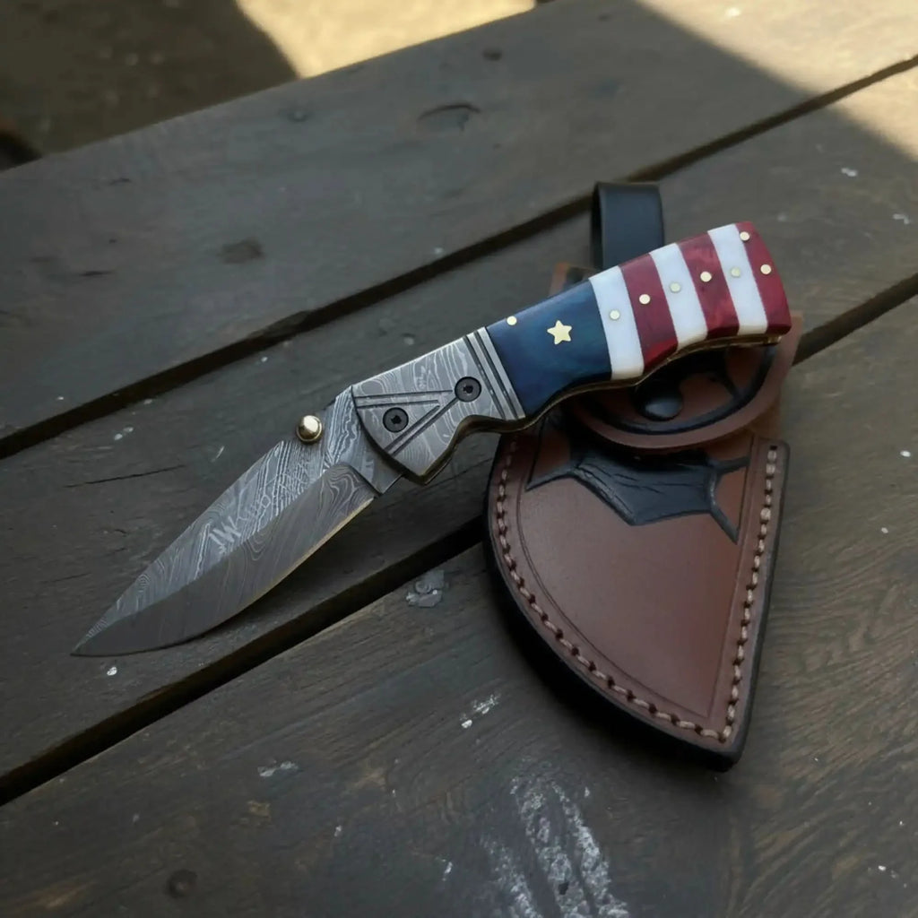 American Flag Damascus Folding Knife with Resin Handle