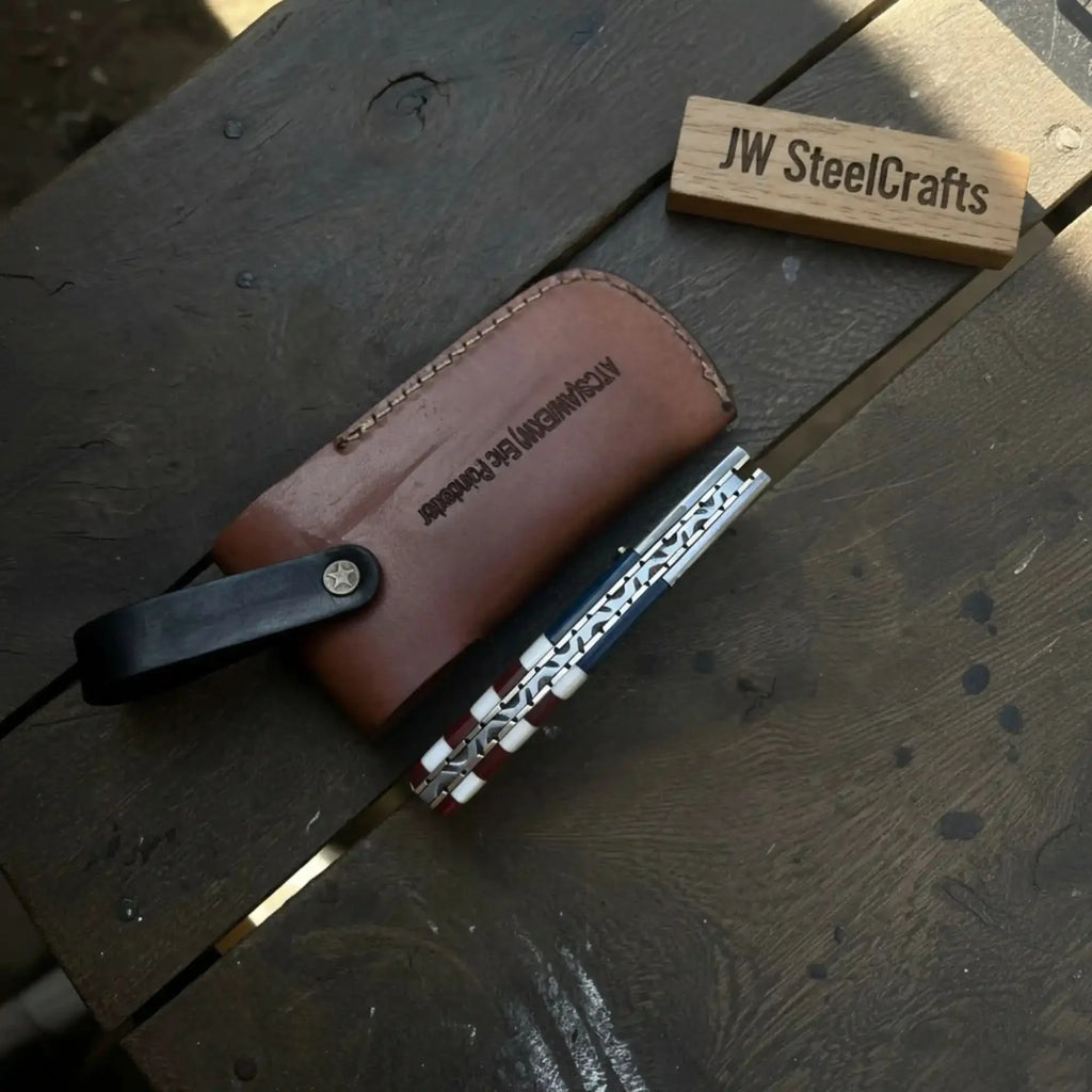 American Flag Damascus Folding Knife with Resin Handle