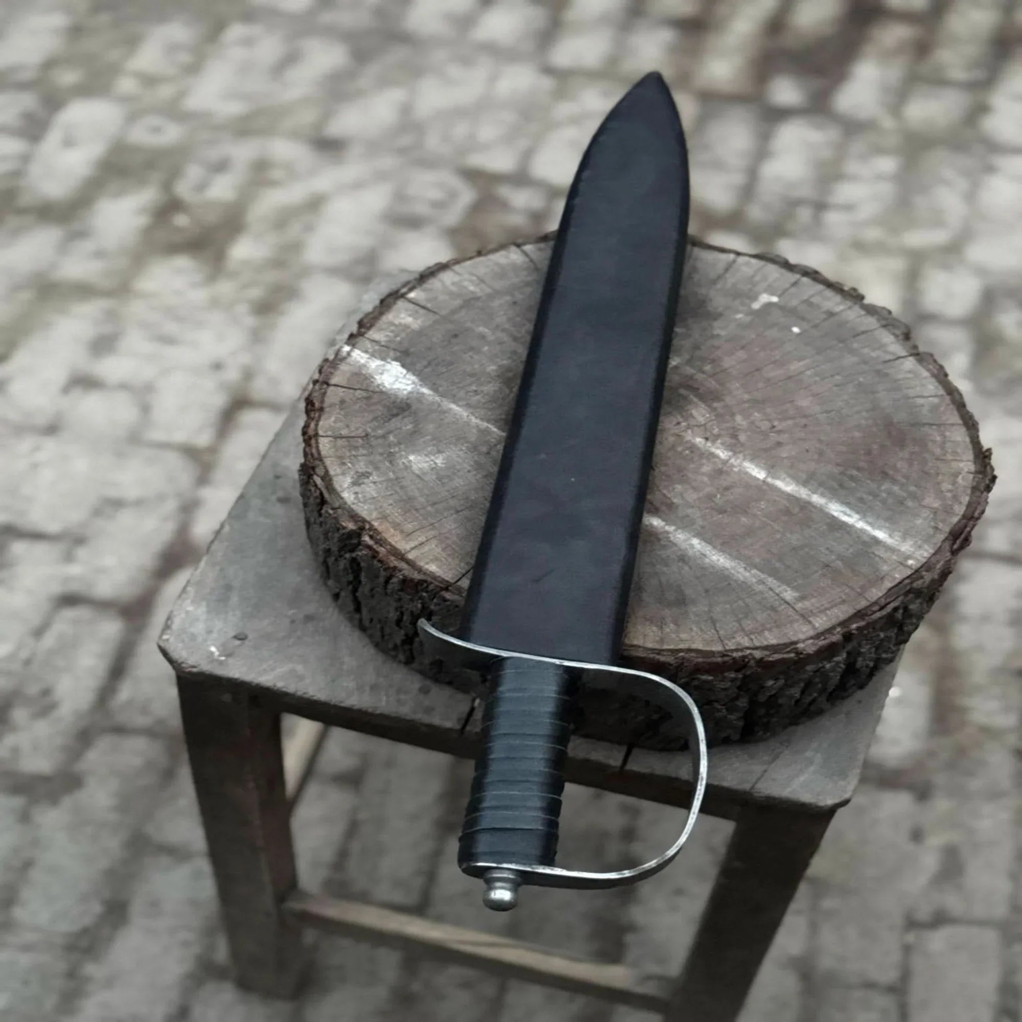 Hand-Forged Carbon Steel Long Blade with Guard | Wrapped Grip | Leather Cover Included