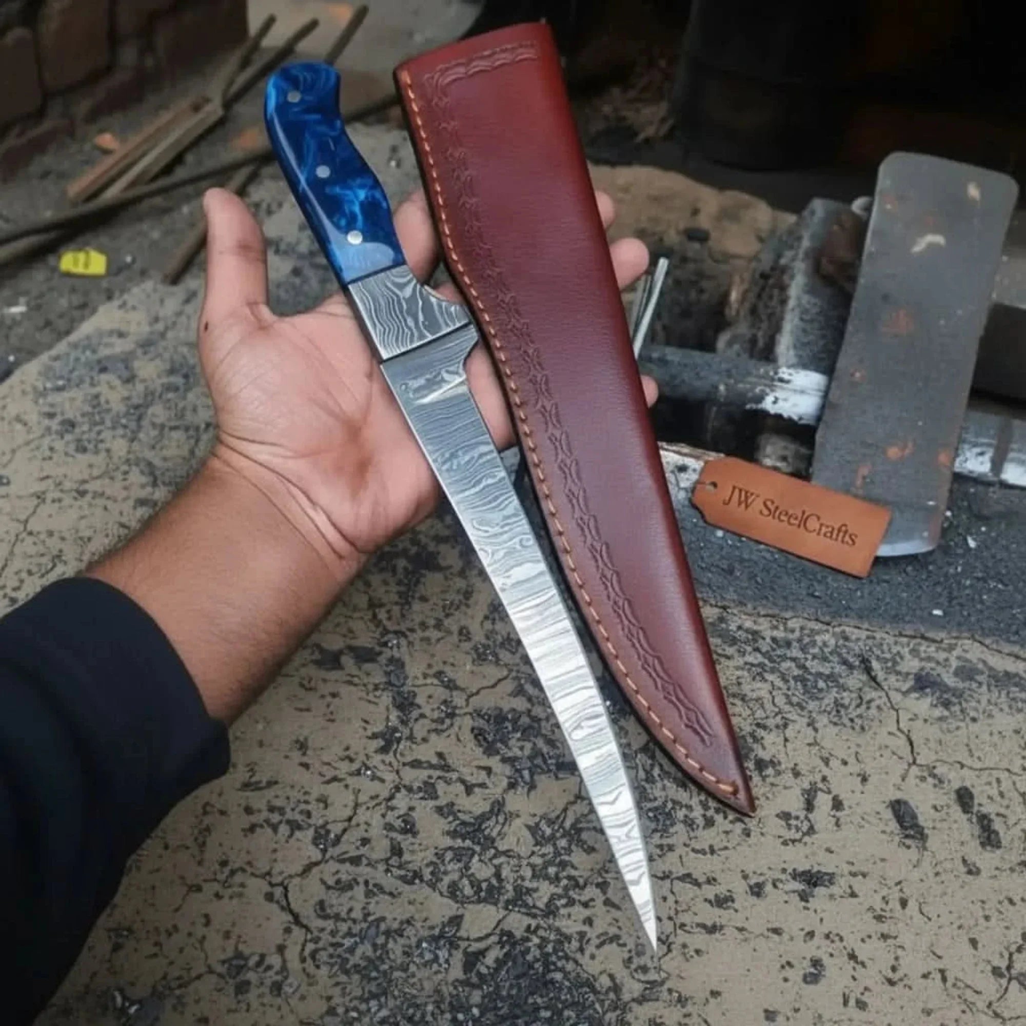 Hand-Forged  8 Inch Damascus Steel Fillet Knife  with Blue Resin Handle, Full Tang  with Leather Sheath