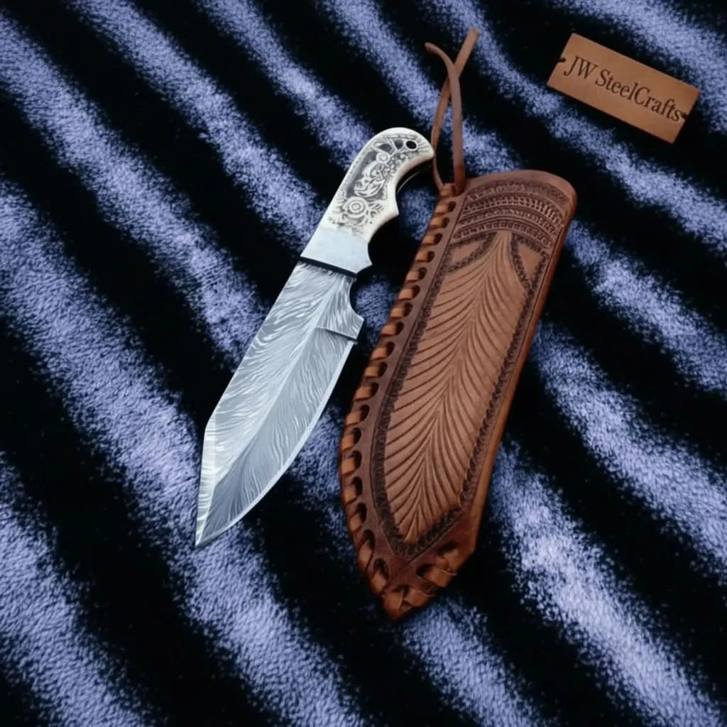 Handmade Damascus Drop Point Hunting Knife with Engraved Bone Handle and Leather Sheath