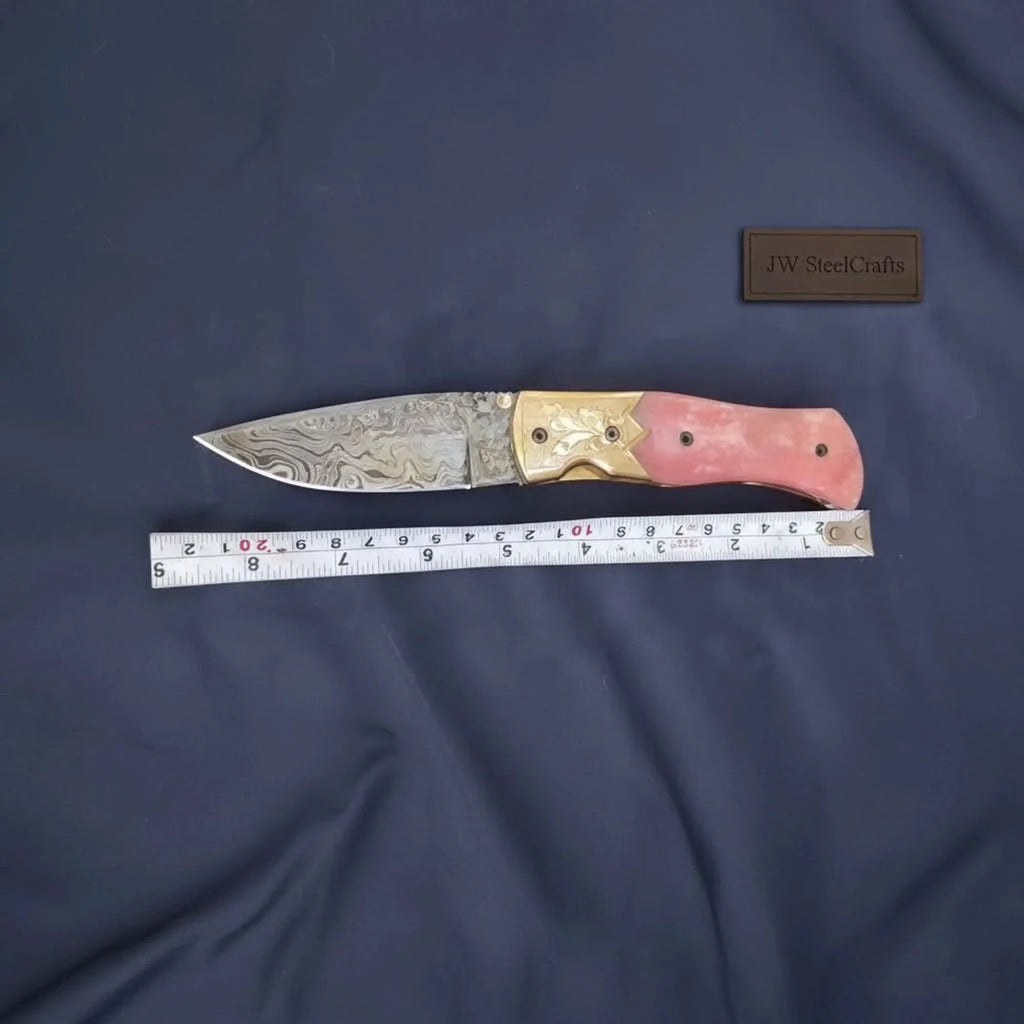 Engraved Bolster Folding Knife with Pink Bone Handle