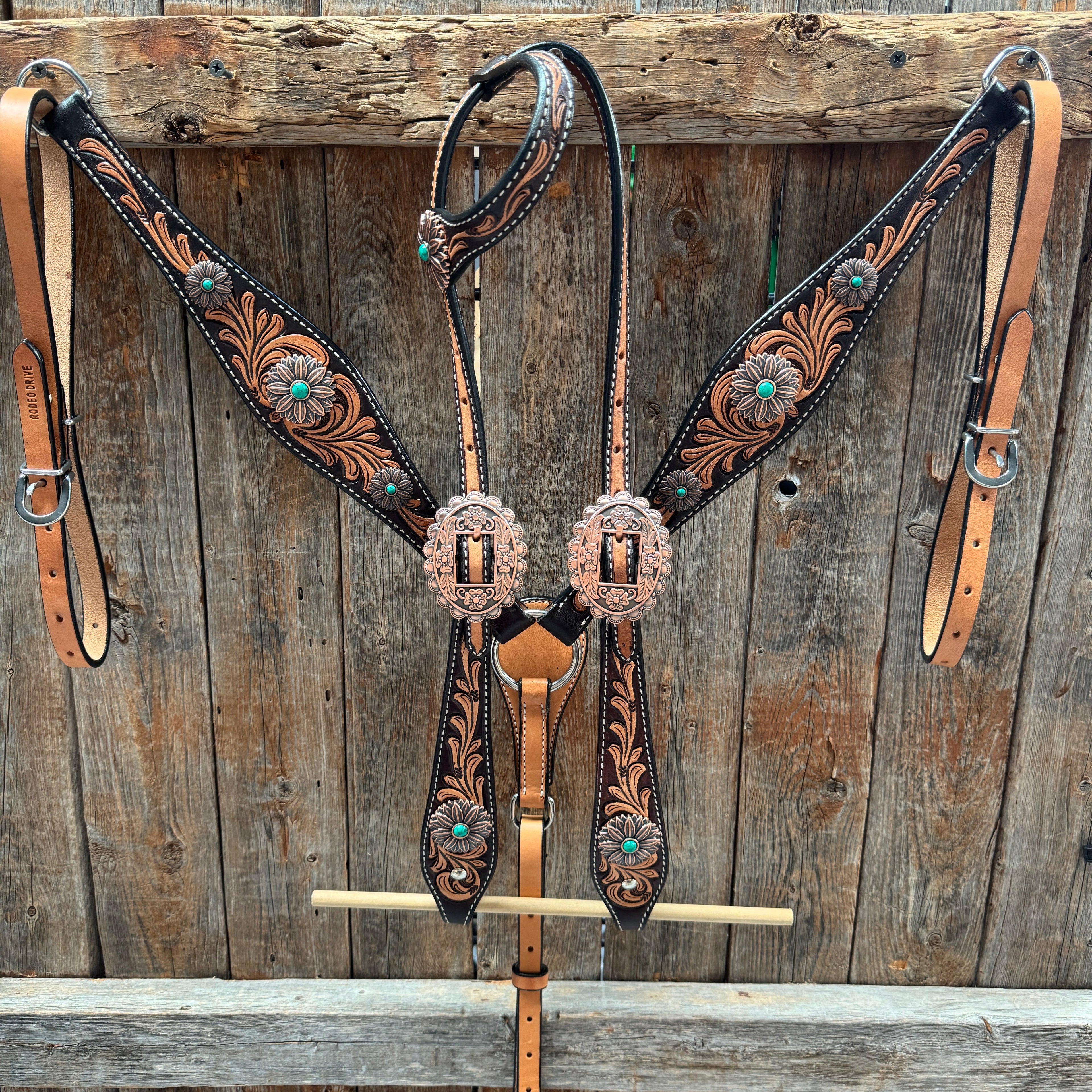 Two Tone Floral Western Turquoise Flower Browband / One Ear Tack Set #BBBC474 — view 2