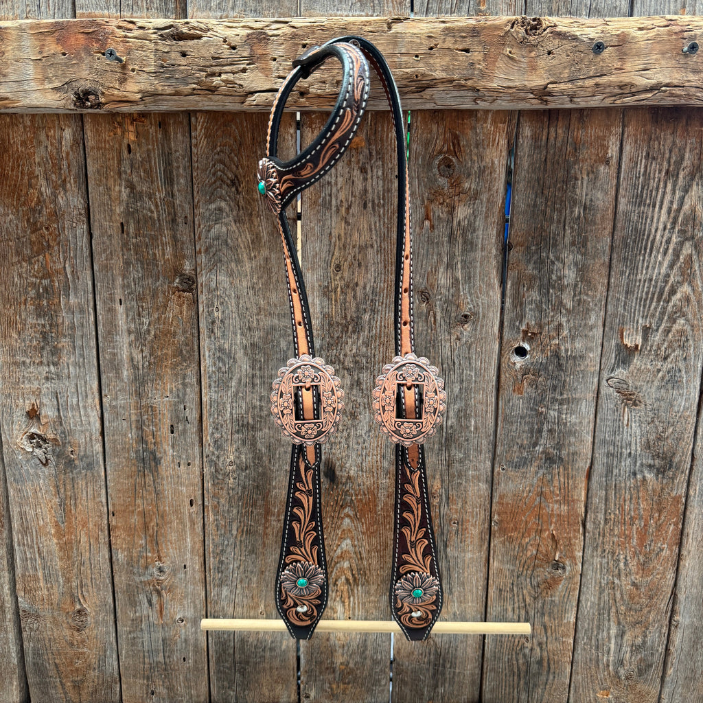 Two Tone Floral Western Turquoise Flower Browband / One Ear Tack Set #BBBC474 — view 6
