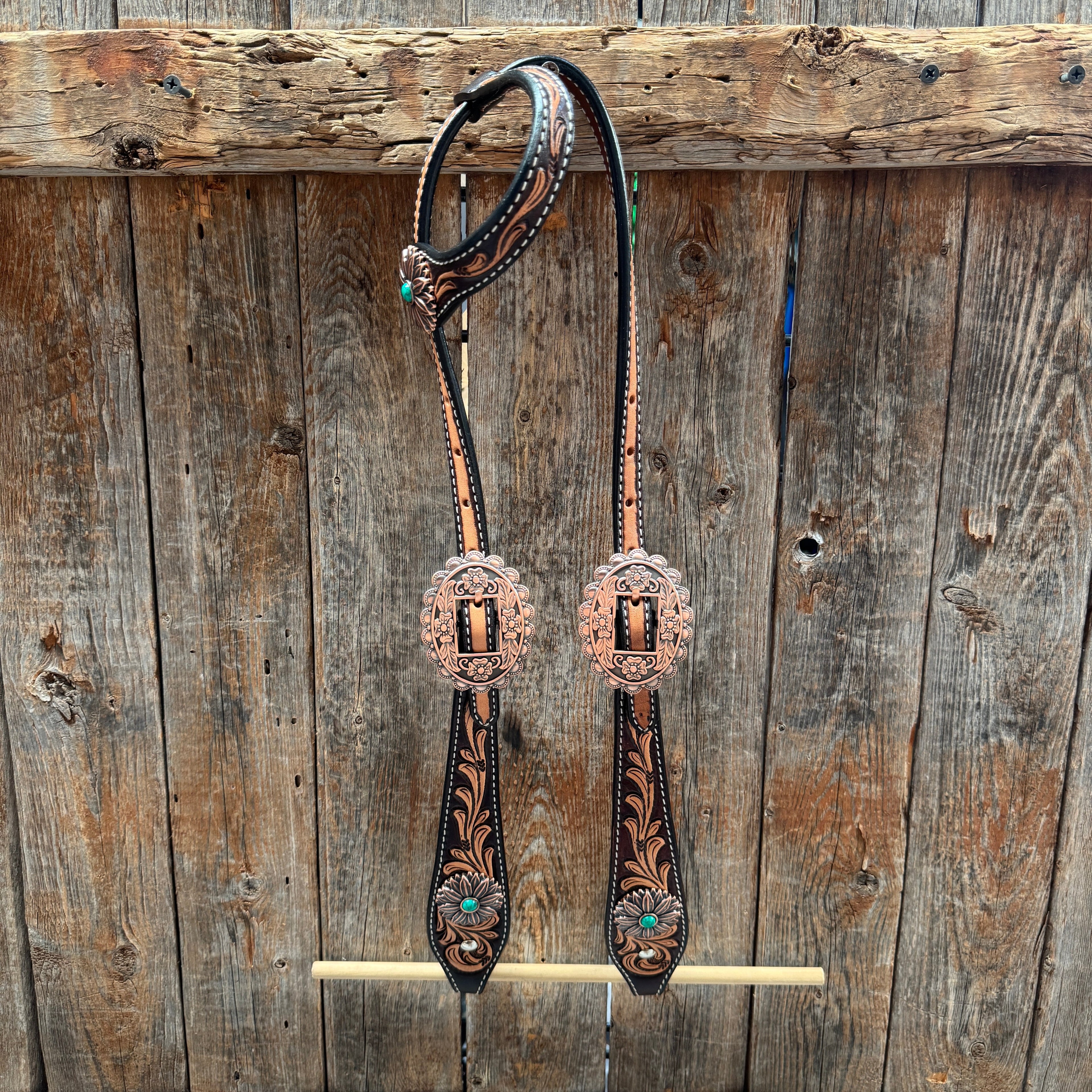 Two Tone Floral Western Turquoise Flower Browband / One Ear Tack Set #BBBC474 — view 6