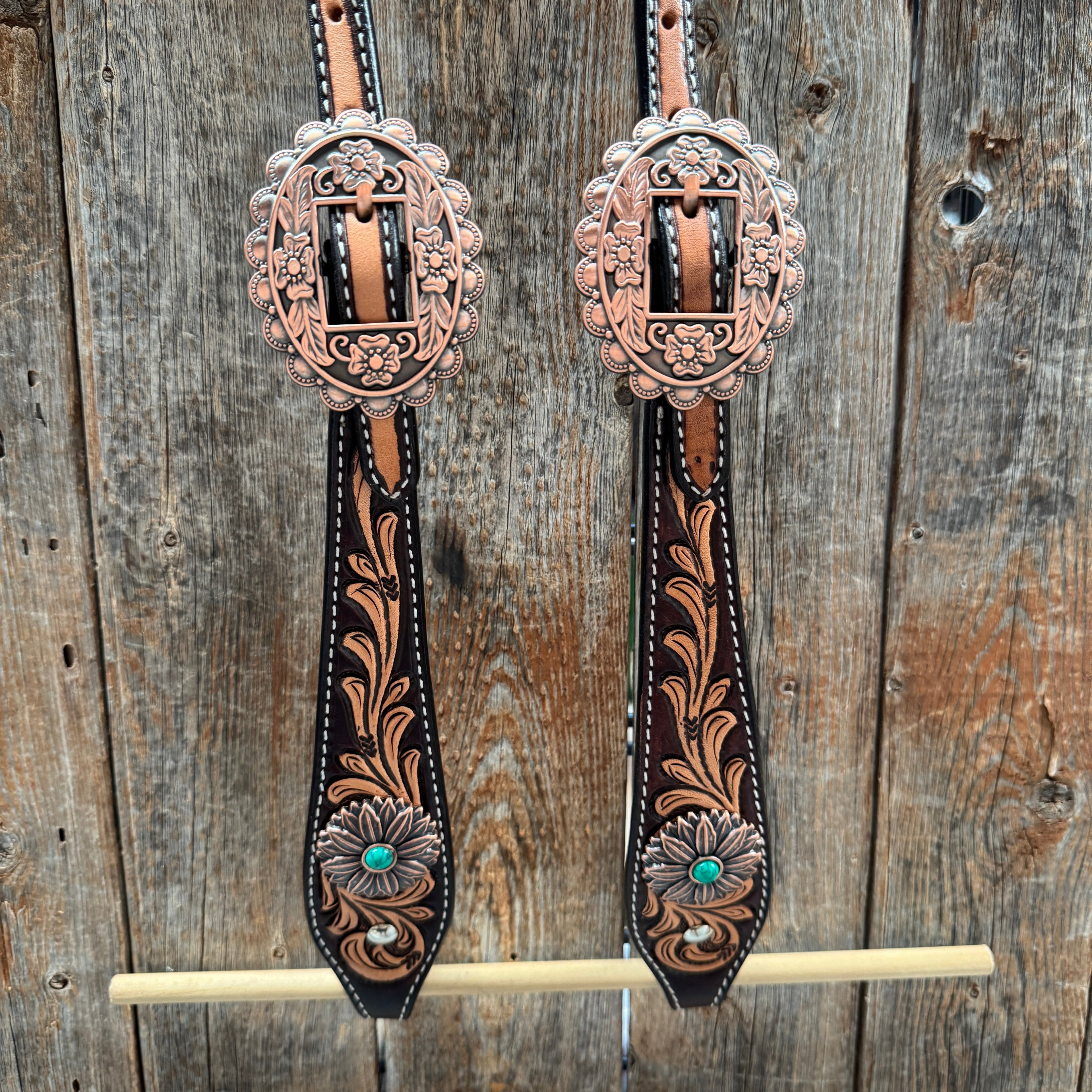 Two Tone Floral Western Turquoise Flower Browband / One Ear Tack Set #BBBC474 — view 5