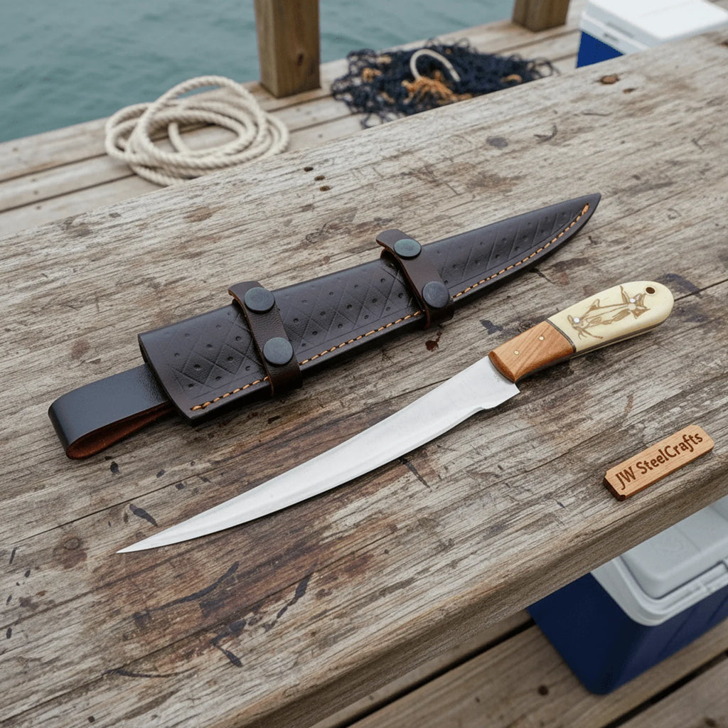 Handmade 13 Inch Fillet Knife with Engraved Bone and Wood Handle, Full Tang Fishing Knife with Leather Sheath