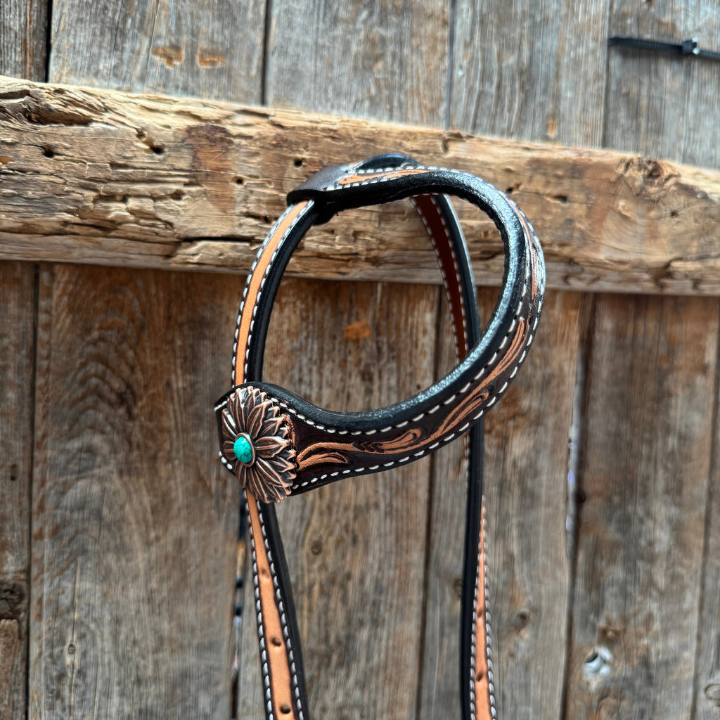 Two Tone Floral Western Turquoise Flower Browband / One Ear Tack Set #BBBC474 — view 7