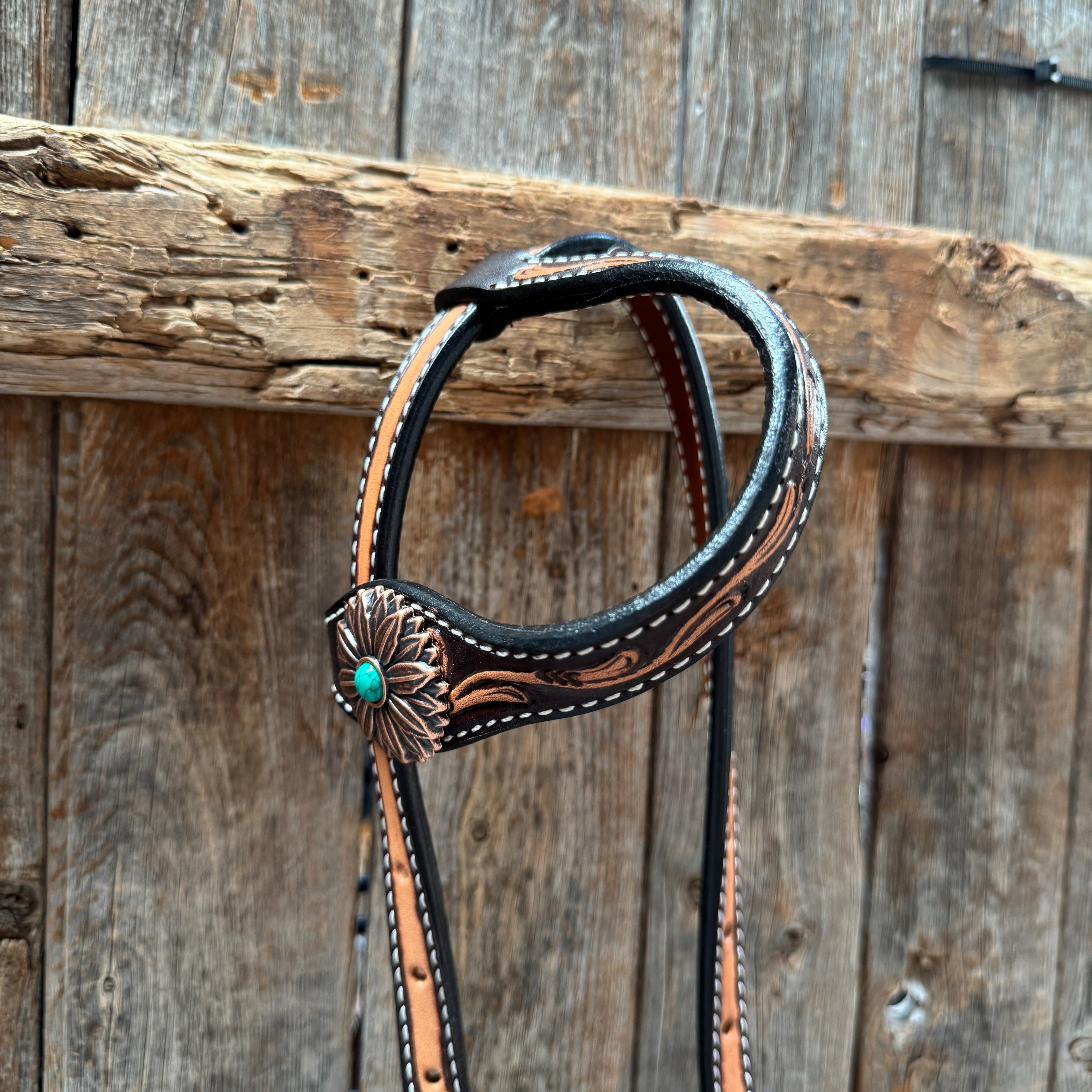Two Tone Floral Western Turquoise Flower Browband / One Ear Tack Set #BBBC474 — view 7