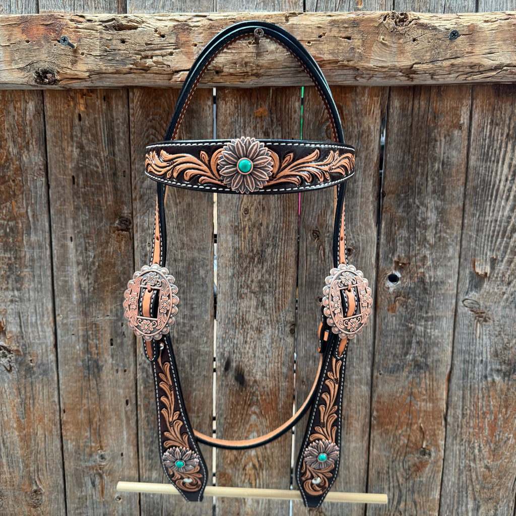 Two Tone Floral Western Turquoise Flower Browband / One Ear Tack Set #BBBC474 — view 3