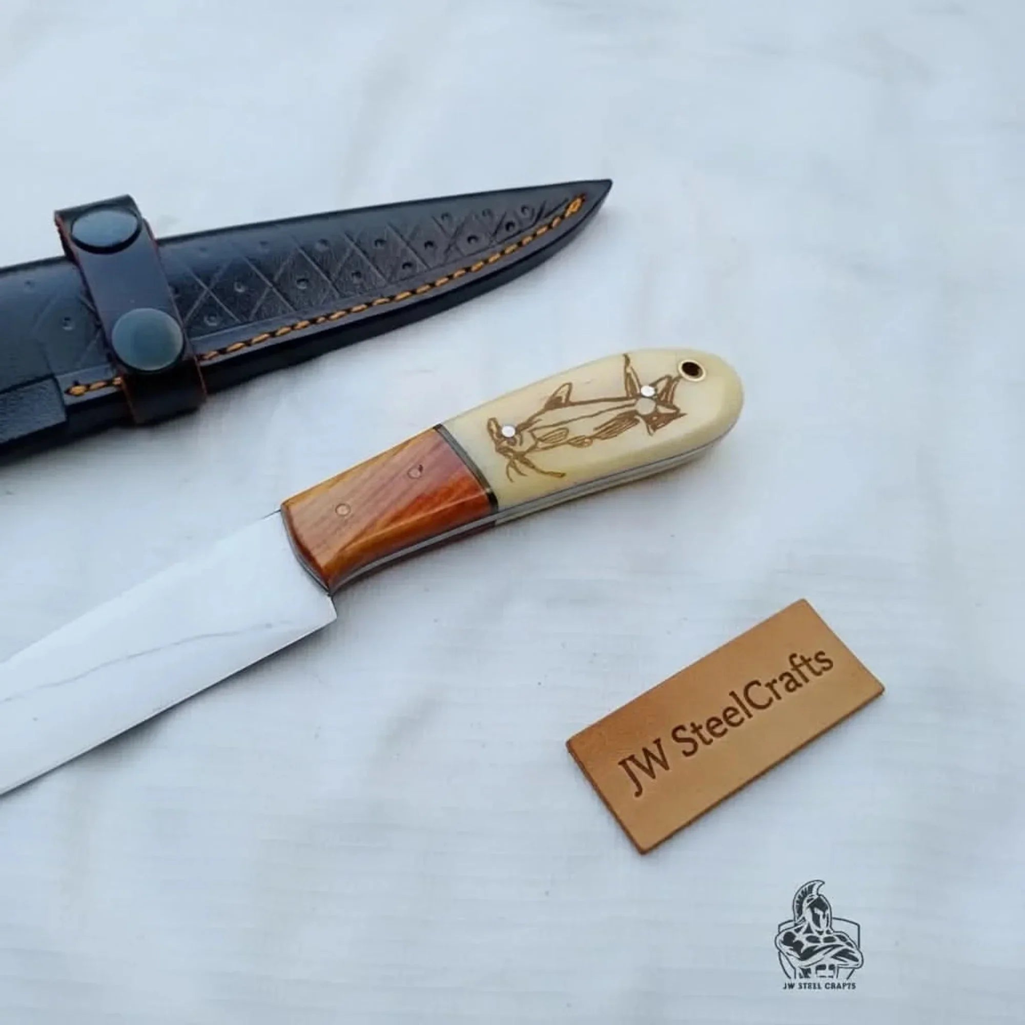 Handmade 13 Inch Fillet Knife with Engraved Bone and Wood Handle, Full Tang Fishing Knife with Leather Sheath