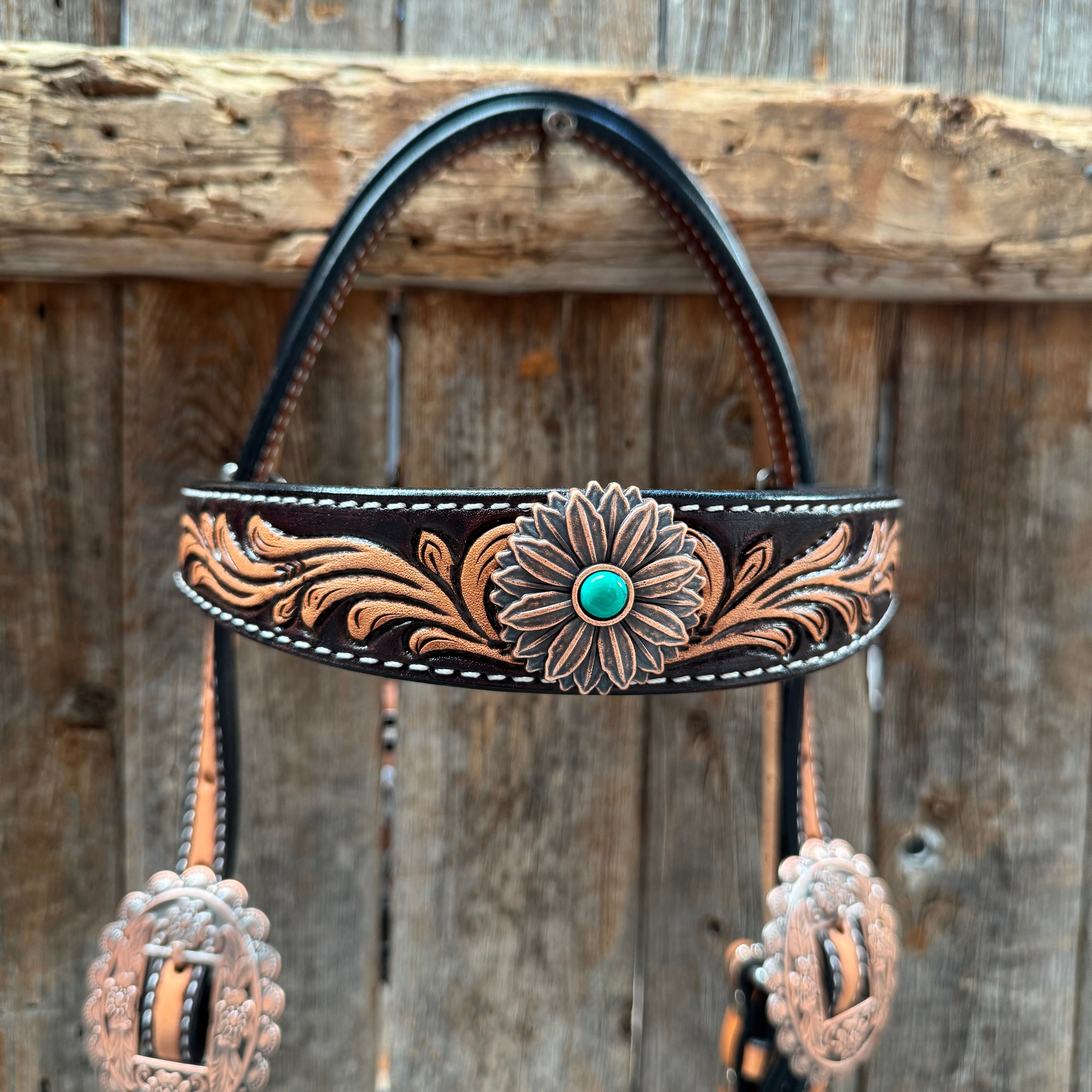 Two Tone Floral Western Turquoise Flower Browband / One Ear Tack Set #BBBC474 — view 4