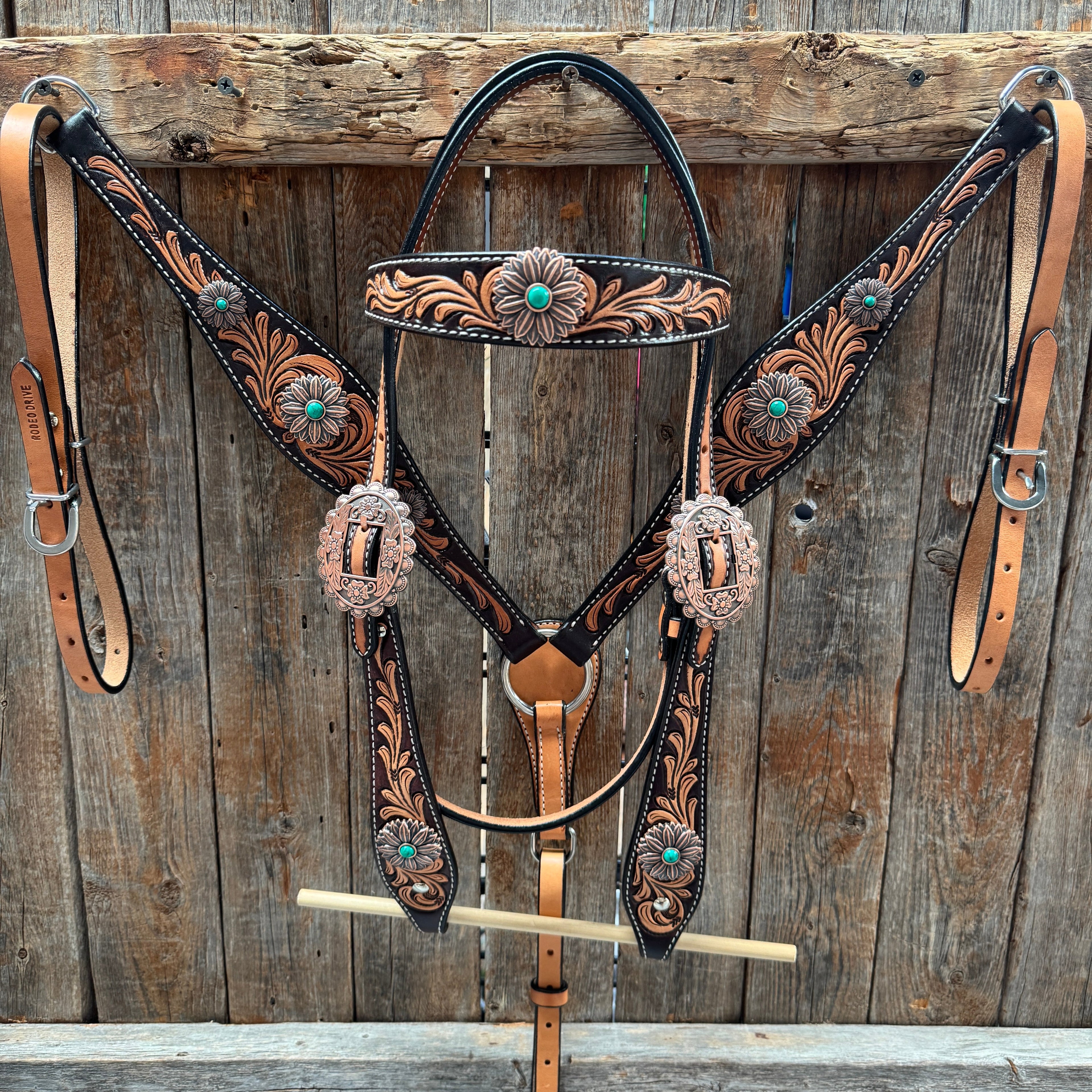 Two Tone Floral Western Turquoise Flower Browband / One Ear Tack Set #BBBC474