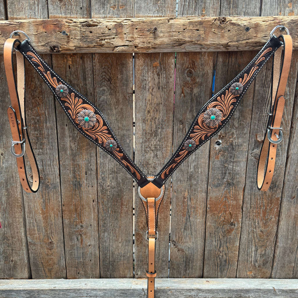 Two Tone Floral Western Turquoise Flower Browband / One Ear Tack Set #BBBC474 — view 8