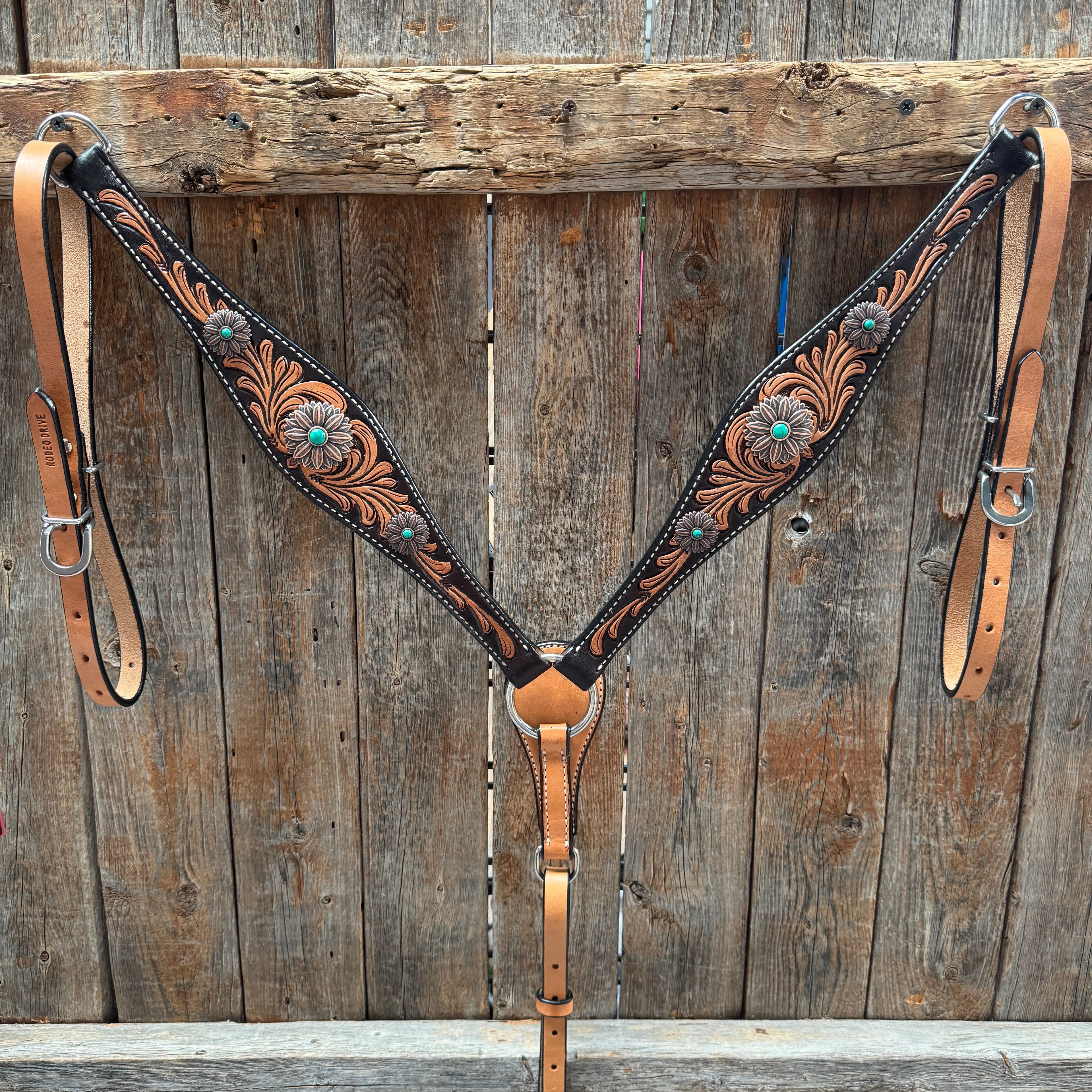 Two Tone Floral Western Turquoise Flower Browband / One Ear Tack Set #BBBC474 — view 8