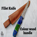Handmade Damascus Fillet Knife – 10 Inch Overall, 5 Inch Precision Fish Filleting Blade with Colored Wood Handle, Full Tang Fishing Knife with Leather Sheath, JW SteelCrafts