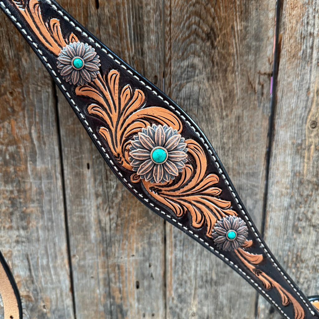 Two Tone Floral Western Turquoise Flower Browband / One Ear Tack Set #BBBC474 — view 9