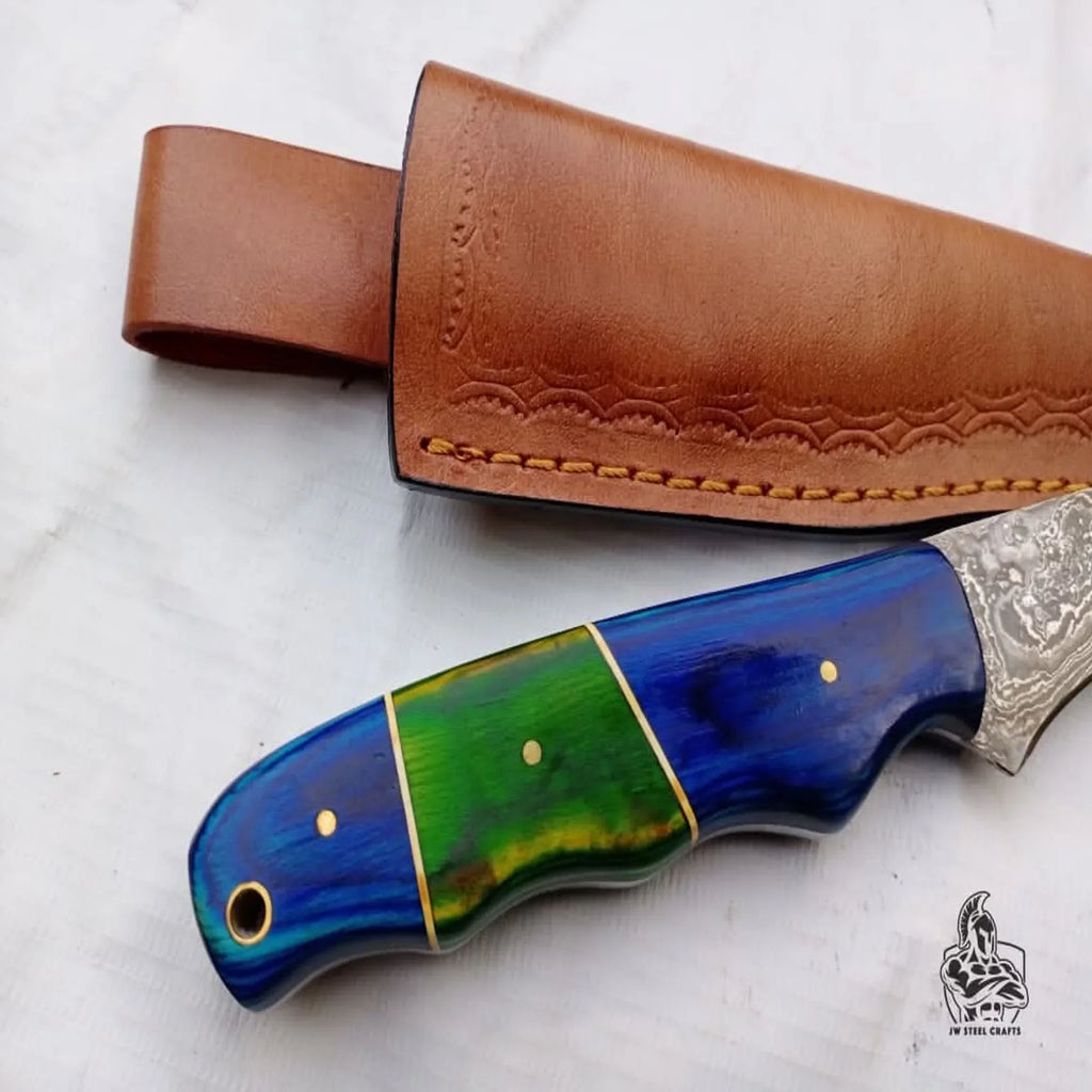 Handmade Damascus Fillet Knife – 10 Inch Overall, 5 Inch Precision Fish Filleting Blade with Colored Wood Handle, Full Tang Fishing Knife with Leather Sheath, JW SteelCrafts