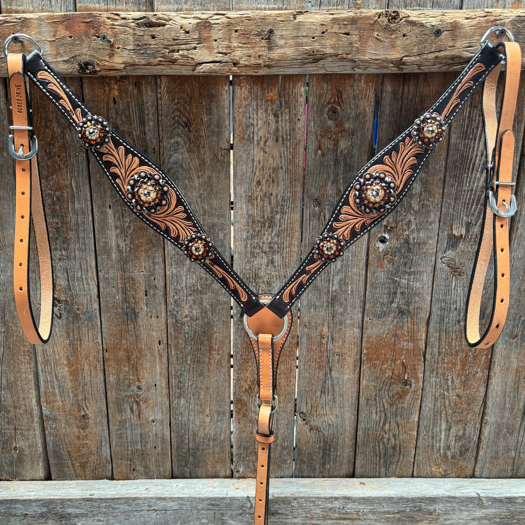 Two Tone Floral Jet, Champagne and Topaz Browband / One Ear Tack Set #BBBC477 — view 8