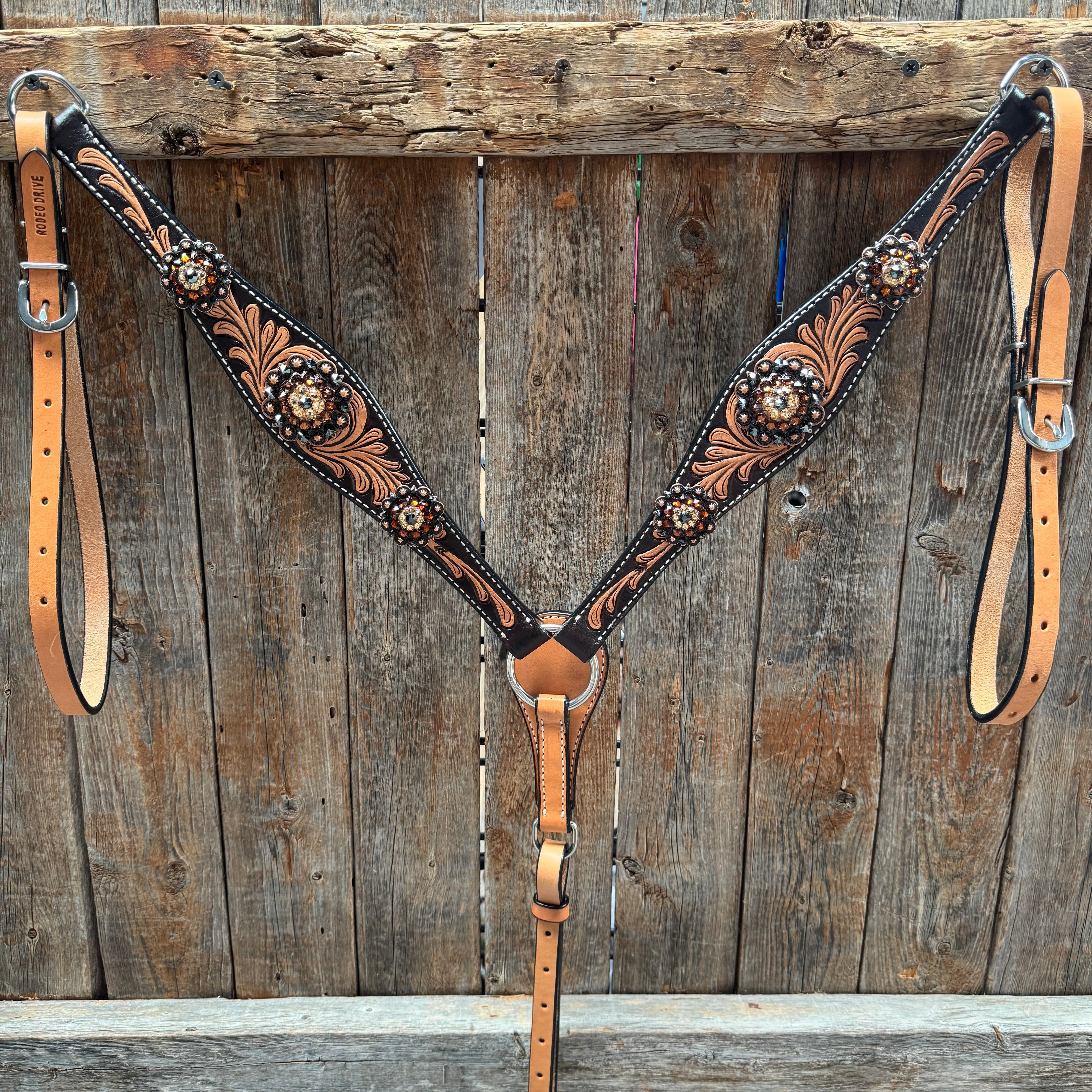 Two Tone Floral Jet, Champagne and Topaz Browband / One Ear Tack Set #BBBC477 — view 8