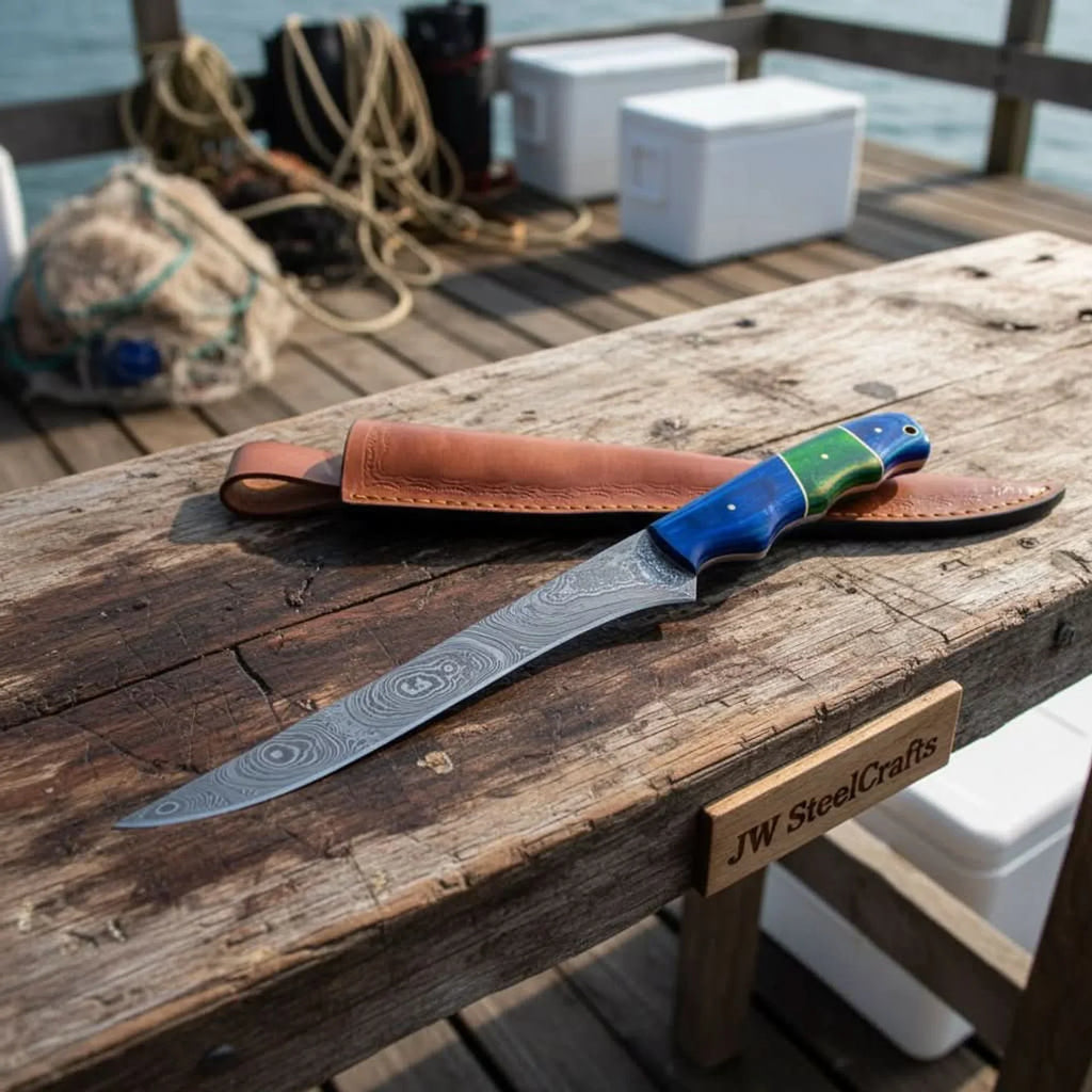 Handmade Damascus Fillet Knife – 10 Inch Overall, 5 Inch Precision Fish Filleting Blade with Colored Wood Handle, Full Tang Fishing Knife with Leather Sheath, JW SteelCrafts
