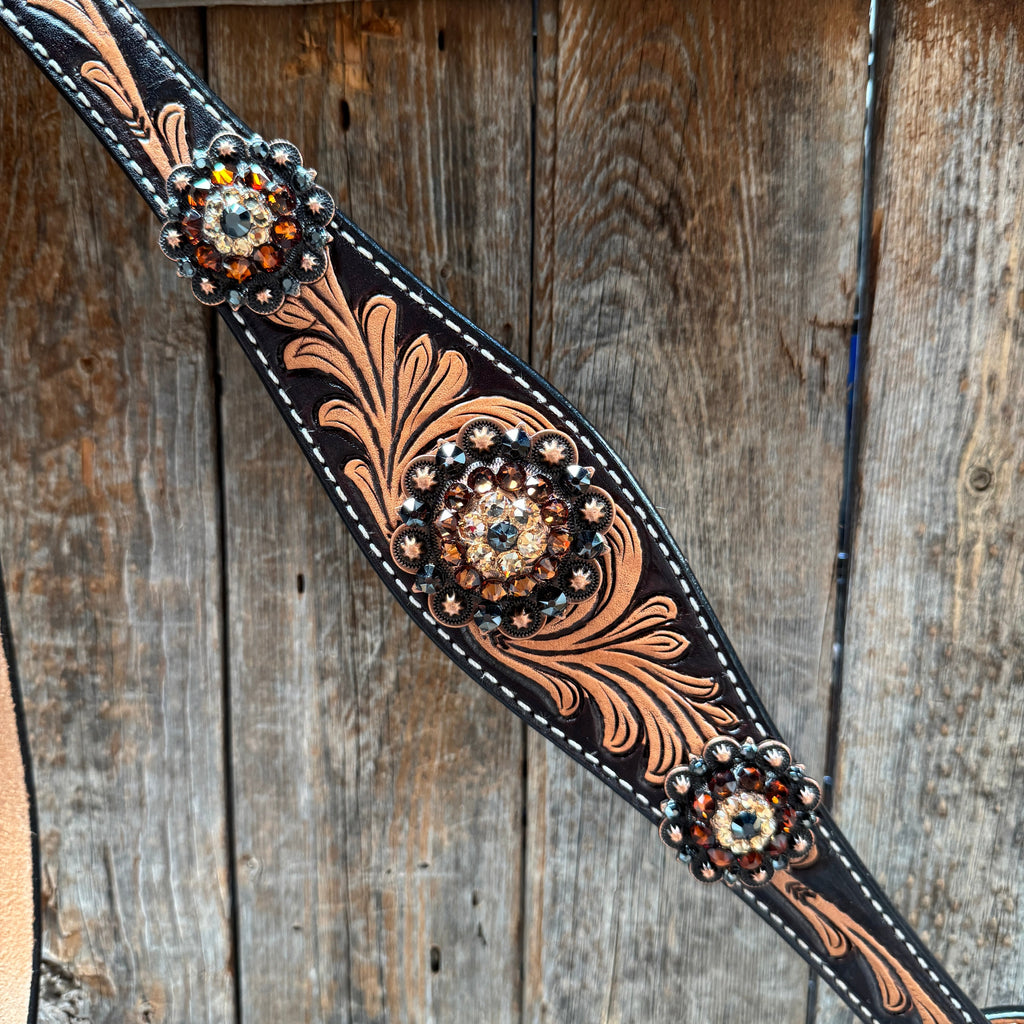 Two Tone Floral Jet, Champagne and Topaz Browband / One Ear Tack Set #BBBC477 — view 9